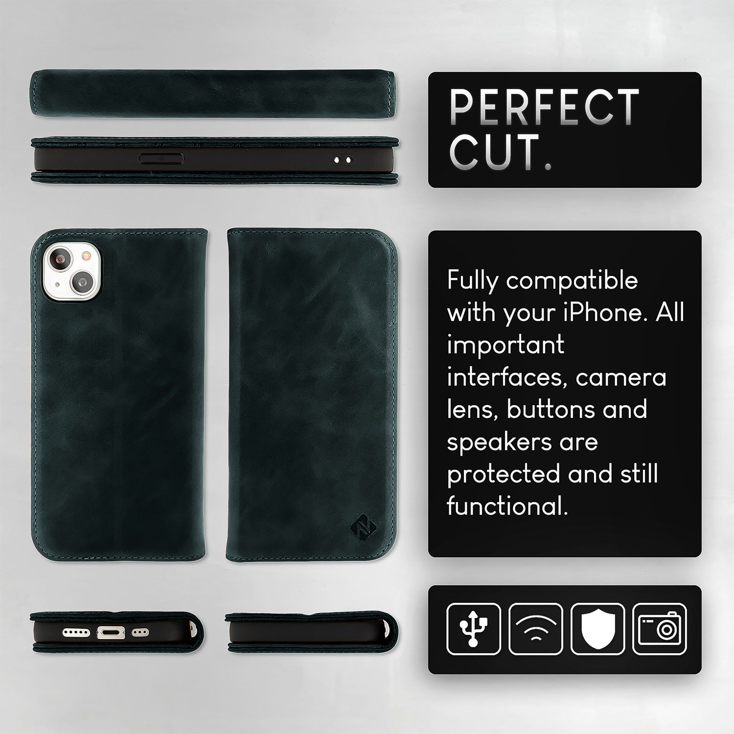 NALIA Echt-Leder Flipcase für iPhone 15 Plus Hülle, Rindsleder Schutzhülle Lederhülle RFID-Schutz, Aufstellbar Klappbar Dunkelblau NALIA Protective Hülle