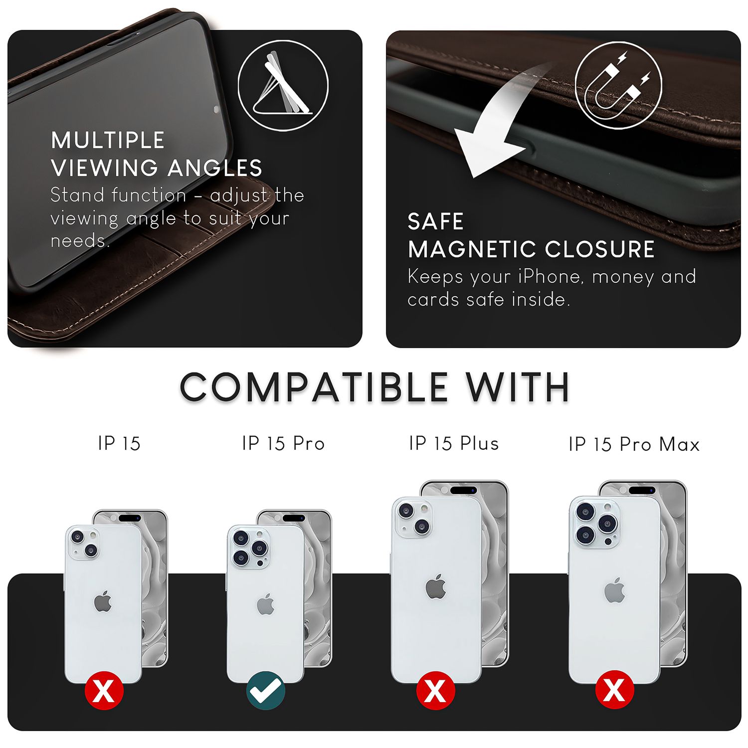 NALIA Echt-Leder Flipcase für iPhone 15 Pro Hülle, Rindsleder Schutzhülle RFID-Schutz Lederhülle Aufstellbar Dunkel-Braun NALIA Protective Hülle