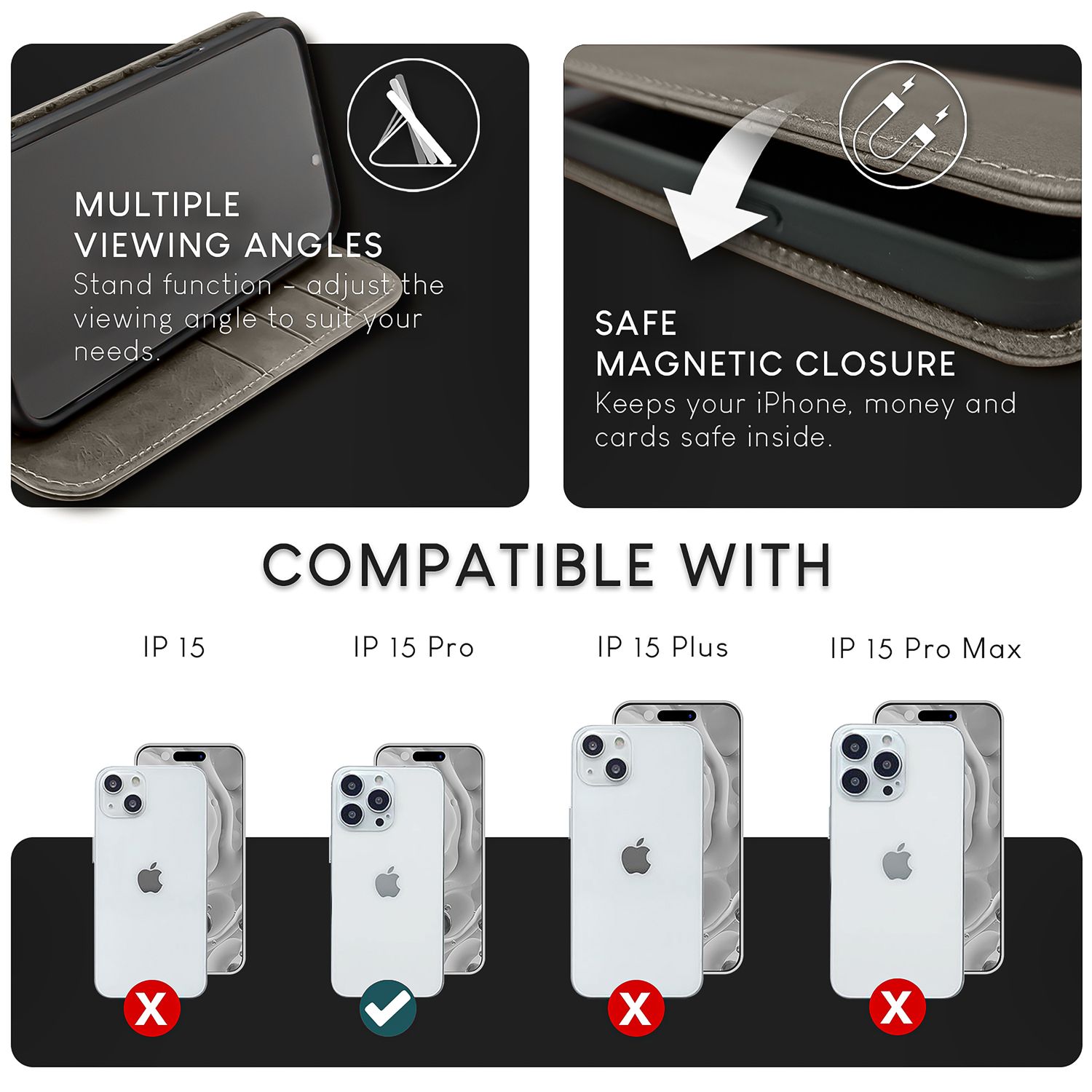 NALIA Echt-Leder Flipcase für iPhone 15 Pro Hülle, Rindsleder Schutzhülle RFID-Schutz Lederhülle Aufstellbar Dunkelgrau NALIA Protective Hülle