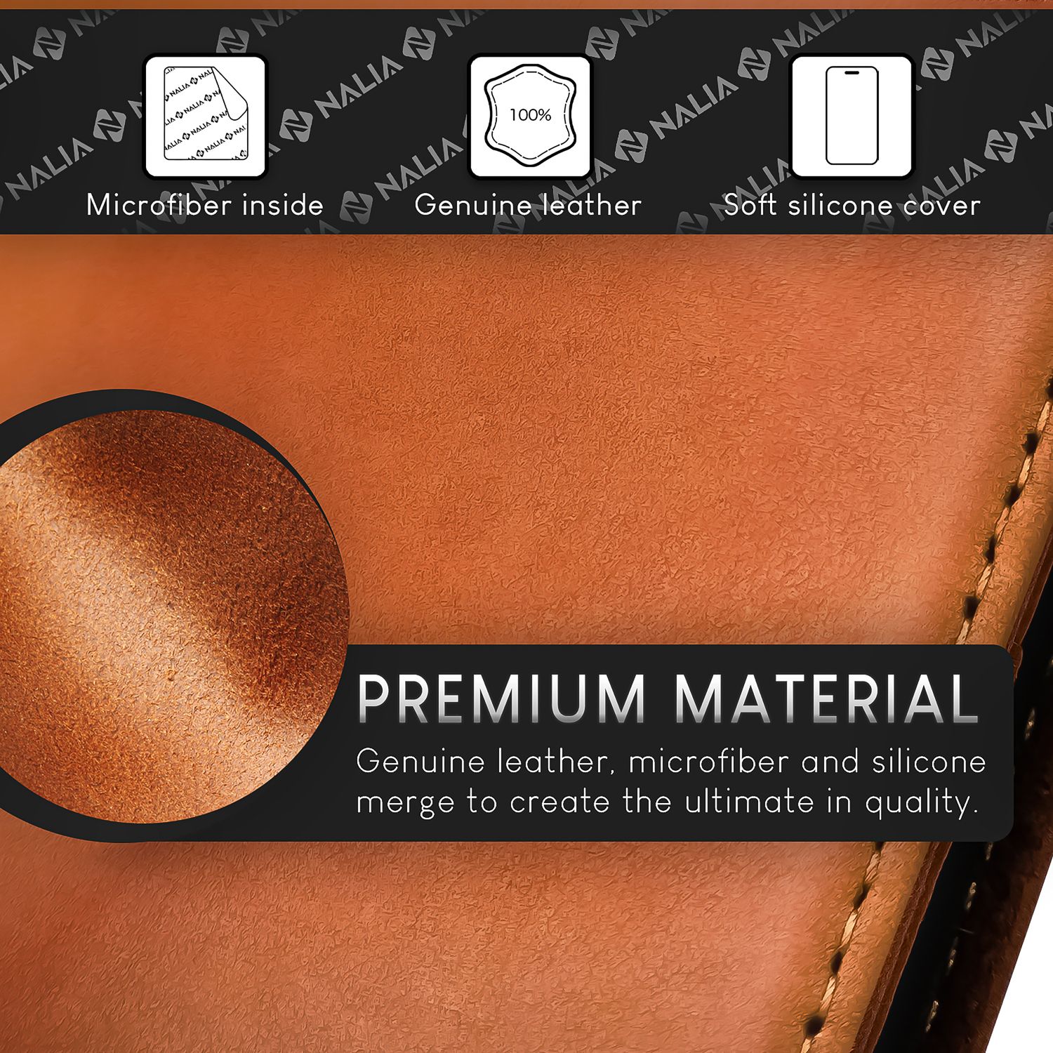 NALIA Echt-Leder Flipcase für iPhone 15 Pro Hülle, Rindsleder Schutzhülle RFID-Schutz Lederhülle Aufstellbar Braun NALIA Protective Hülle