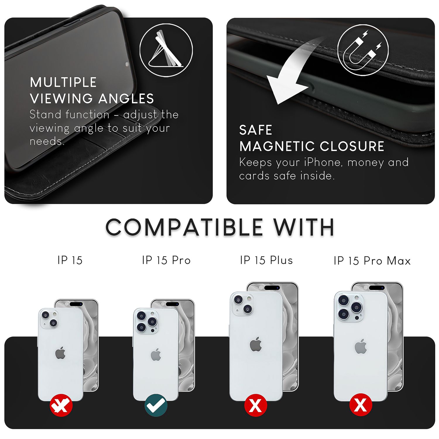 NALIA Echt-Leder Flipcase für iPhone 15 Pro Hülle, Rindsleder Schutzhülle RFID-Schutz Lederhülle Aufstellbar Schwarz NALIA Protective Hülle