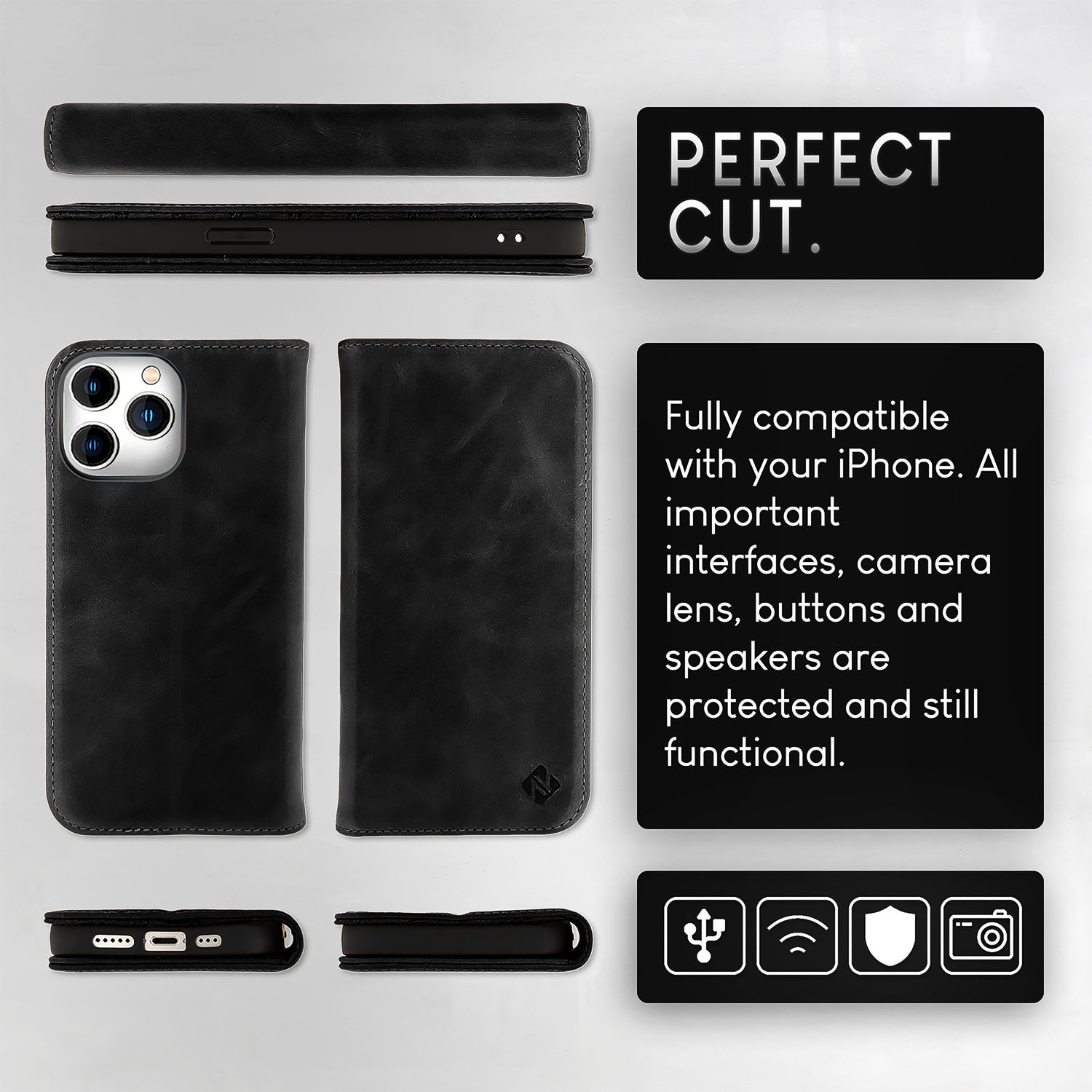 NALIA Echt-Leder Flipcase für iPhone 15 Pro Hülle, Rindsleder Schutzhülle RFID-Schutz Lederhülle Aufstellbar Schwarz NALIA Protective Hülle