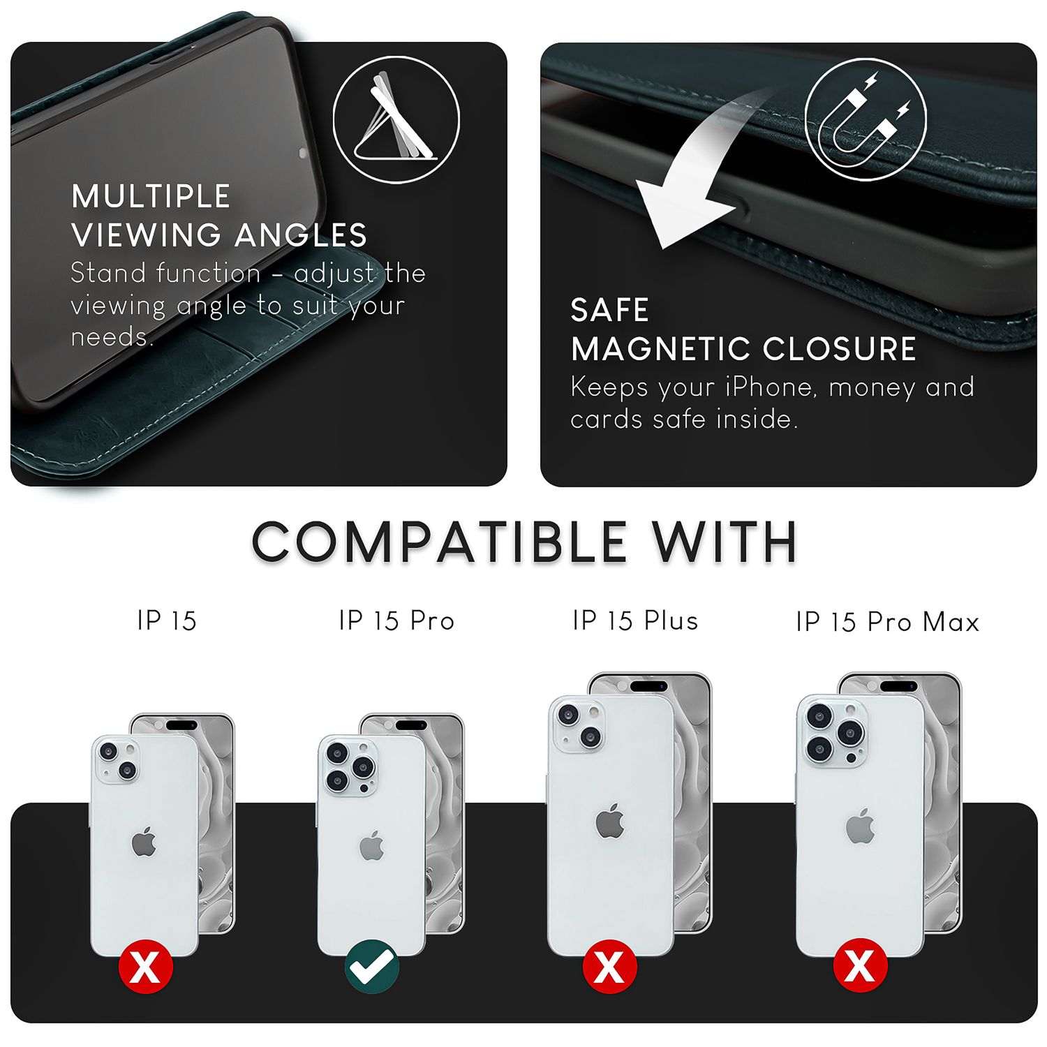 NALIA Echt-Leder Flipcase für iPhone 15 Pro Hülle, Rindsleder Schutzhülle RFID-Schutz Lederhülle Aufstellbar Dunkelblau NALIA Protective Hülle