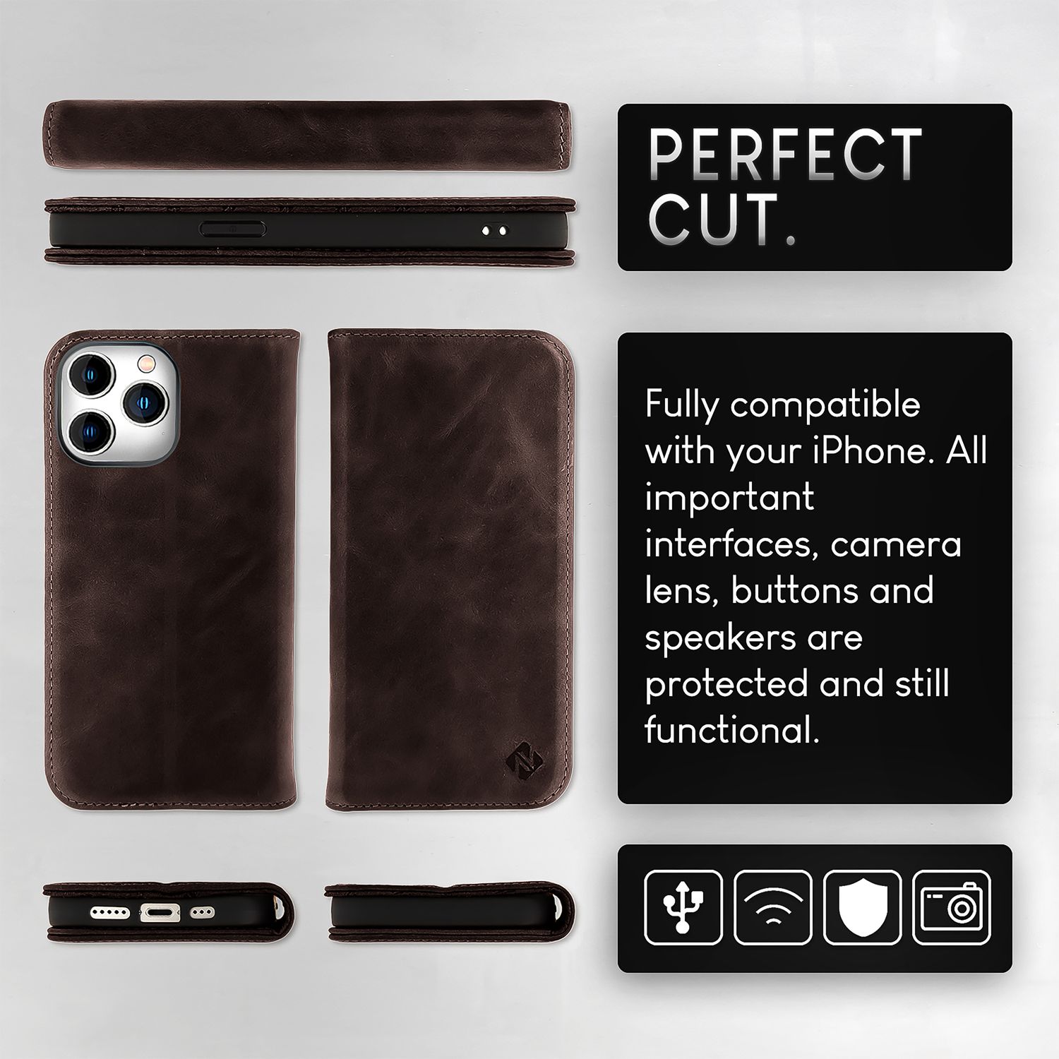 NALIA Echt-Leder Flipcase für iPhone 15 Pro Max Hülle, Rindsleder Schutzhülle RFID-Schutz Lederhülle Wallet Dunkel-Braun NALIA Protective Hülle