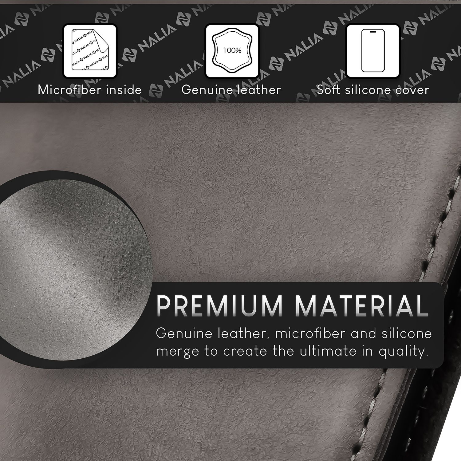 NALIA Echt-Leder Flipcase für iPhone 15 Pro Max Hülle, Rindsleder Schutzhülle RFID-Schutz Lederhülle Wallet Dunkelgrau NALIA Protective Hülle