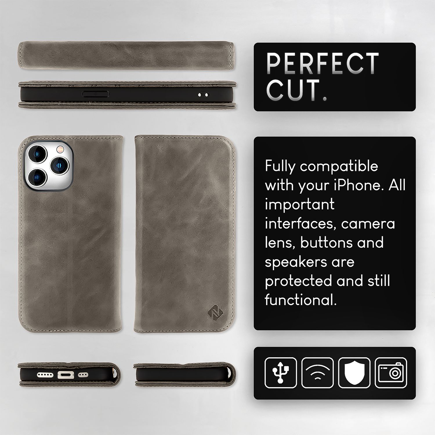 NALIA Echt-Leder Flipcase für iPhone 15 Pro Max Hülle, Rindsleder Schutzhülle RFID-Schutz Lederhülle Wallet Dunkelgrau NALIA Protective Hülle