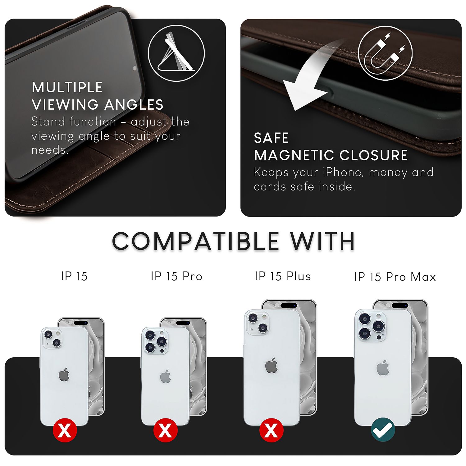 NALIA Echt-Leder Flipcase für iPhone 15 Pro Max Hülle, Rindsleder Schutzhülle RFID-Schutz Lederhülle Wallet Dunkel-Braun NALIA Protective Hülle