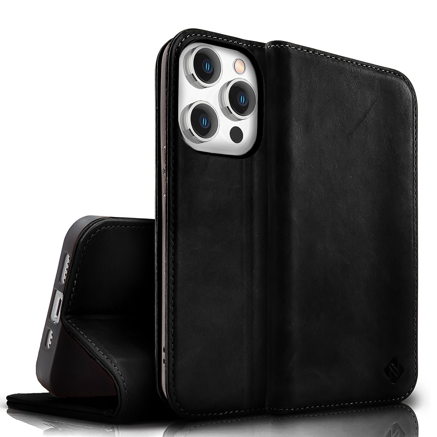 NALIA Echt-Leder Flipcase für iPhone 15 Pro Max Hülle, Rindsleder Schutzhülle RFID-Schutz Lederhülle Wallet Schwarz NALIA Protective Hülle