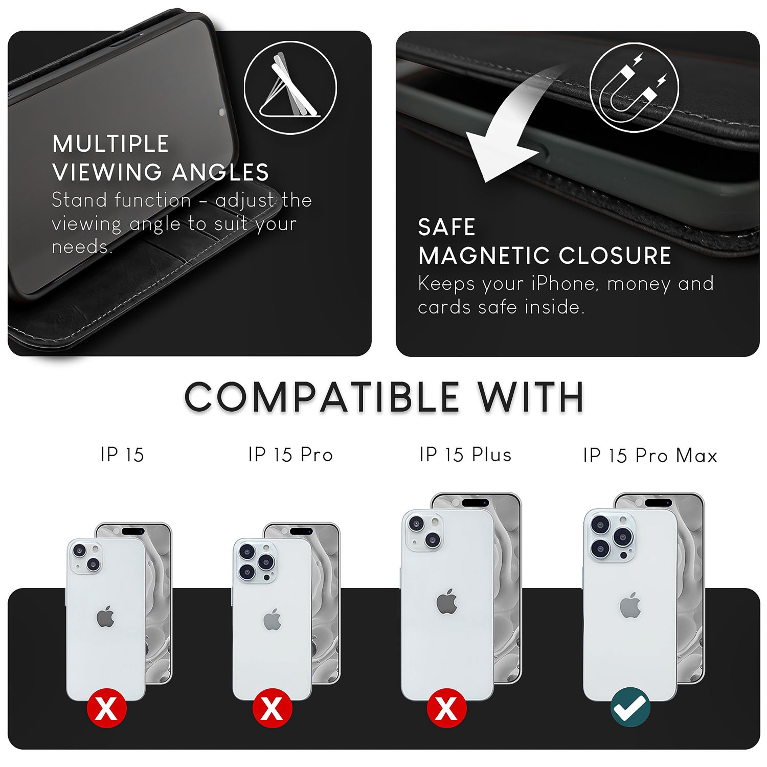 NALIA Echt-Leder Flipcase für iPhone 15 Pro Max Hülle, Rindsleder Schutzhülle RFID-Schutz Lederhülle Wallet Schwarz NALIA Protective Hülle