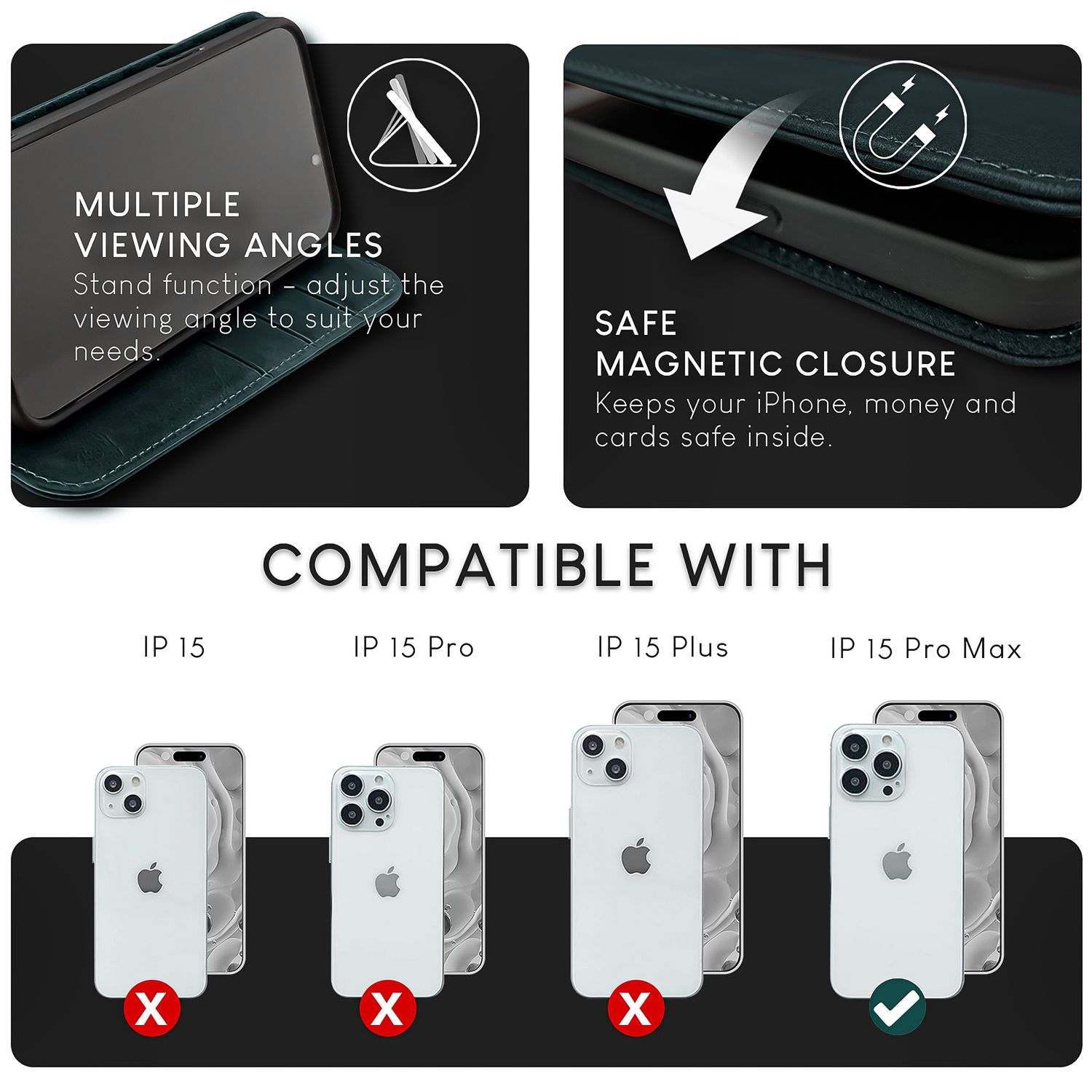 NALIA Echt-Leder Flipcase für iPhone 15 Pro Max Hülle, Rindsleder Schutzhülle RFID-Schutz Lederhülle Wallet Dunkelblau NALIA Protective Hülle