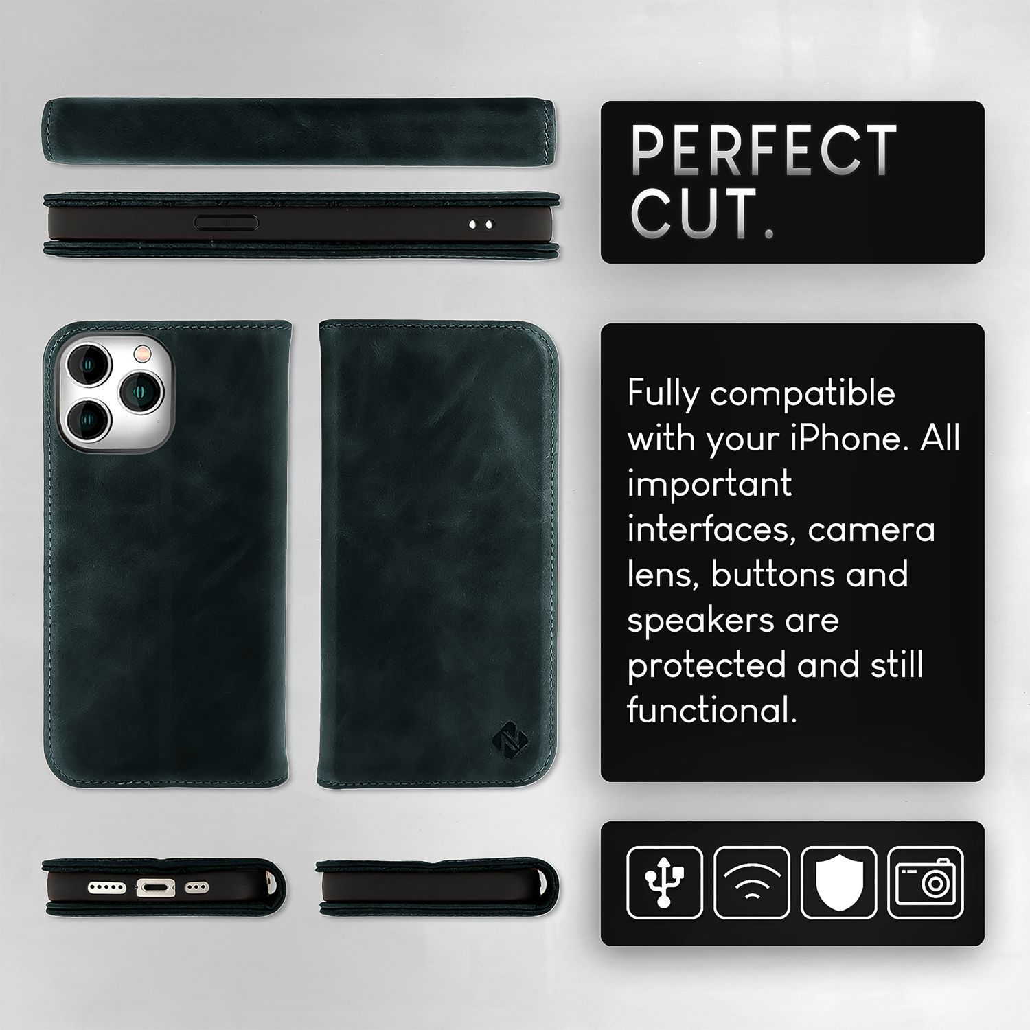 NALIA Echt-Leder Flipcase für iPhone 15 Pro Max Hülle, Rindsleder Schutzhülle RFID-Schutz Lederhülle Wallet Dunkelblau NALIA Protective Hülle