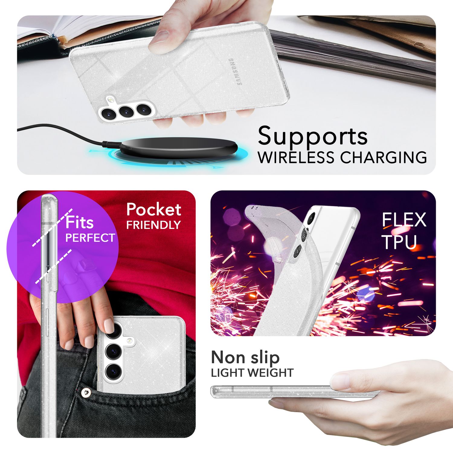 NALIA Glitzernde Schutzhülle für Samsung Galaxy S24 Plus Hülle, Durchsichtige Silikon Handyhülle mit Diamant Pailletten