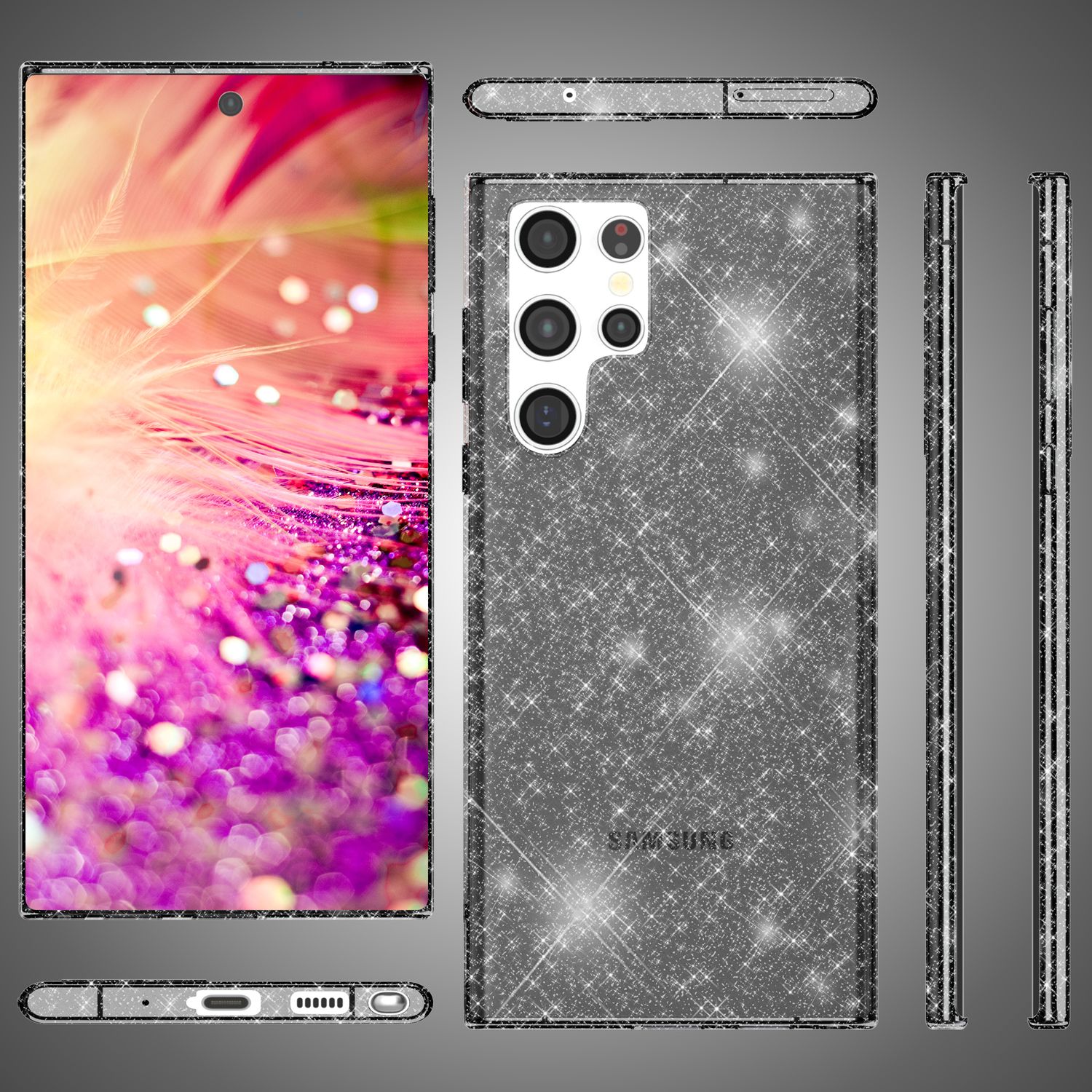 NALIA Glitzernde Schutzhülle für Samsung Galaxy S24 Ultra Hülle, Durchsichtige Silikon Handyhülle mit Diamant Pailletten Schwarz NALIA Transparente Hülle