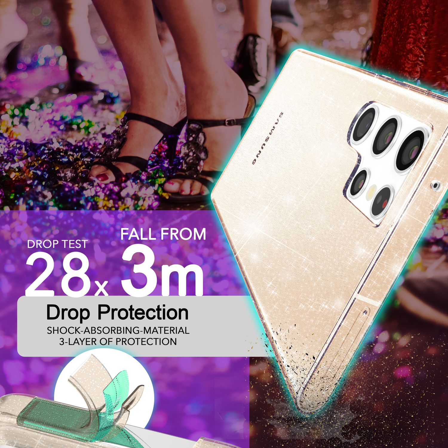 NALIA Glitzernde Schutzhülle für Samsung Galaxy S24 Ultra Hülle, Durchsichtige Silikon Handyhülle mit Diamant Pailletten Gold NALIA Transparente Hülle