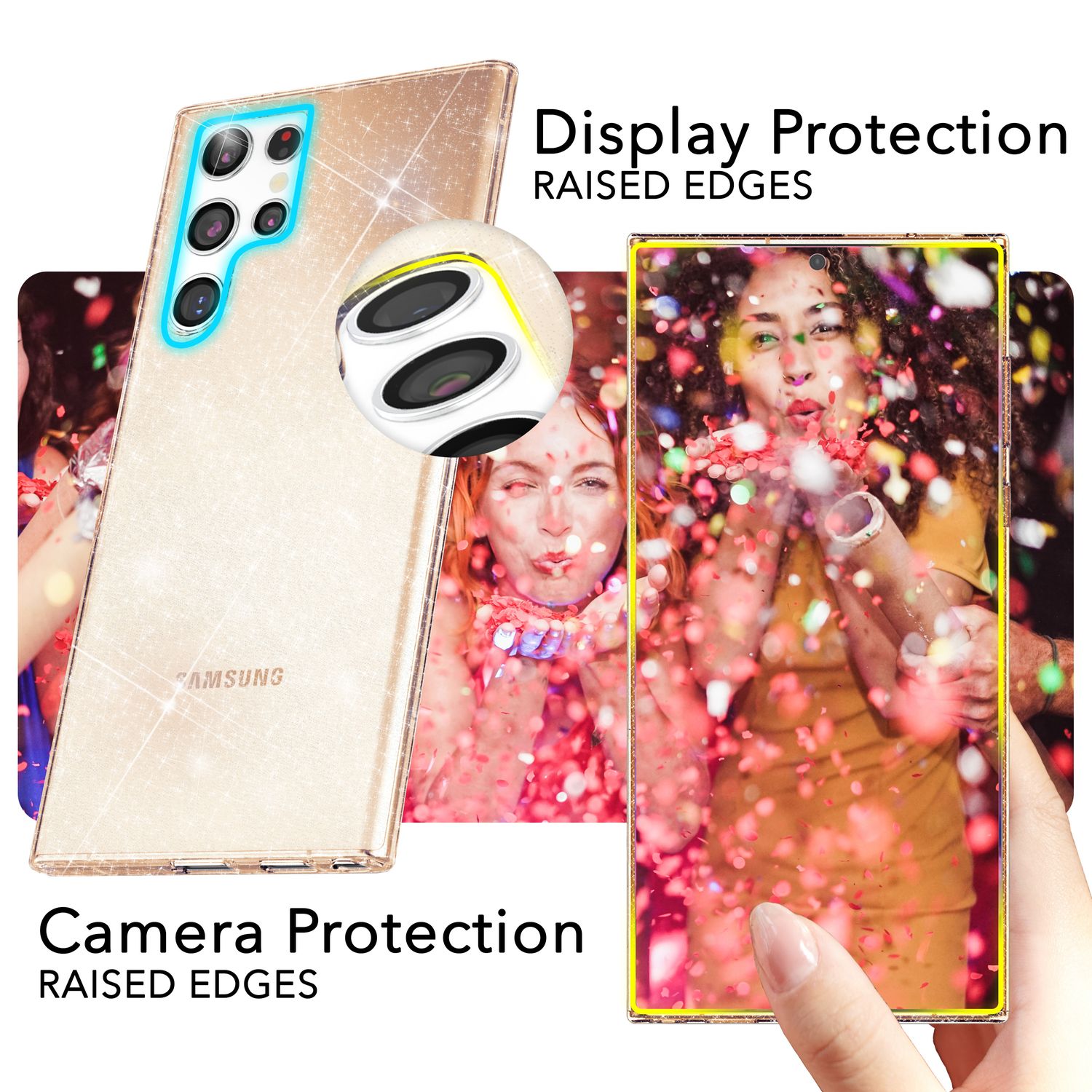 NALIA Glitzernde Schutzhülle für Samsung Galaxy S24 Ultra Hülle, Durchsichtige Silikon Handyhülle mit Diamant Pailletten Gold NALIA Transparente Hülle