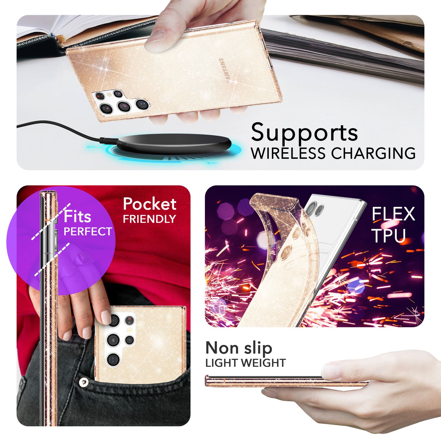 NALIA Glitzernde Schutzhülle für Samsung Galaxy S24 Ultra Hülle, Durchsichtige Silikon Handyhülle mit Diamant Pailletten Gold NALIA Transparente Hülle