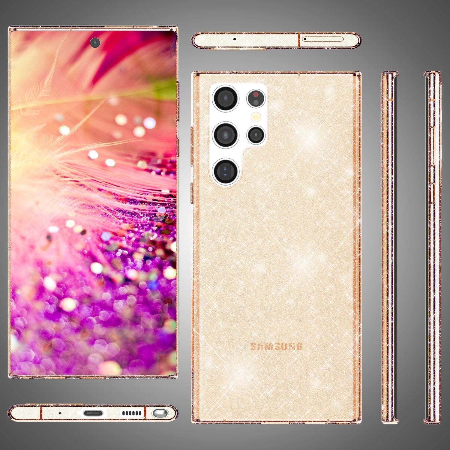 NALIA Glitzernde Schutzhülle für Samsung Galaxy S24 Ultra Hülle, Durchsichtige Silikon Handyhülle mit Diamant Pailletten Gold NALIA Transparente Hülle