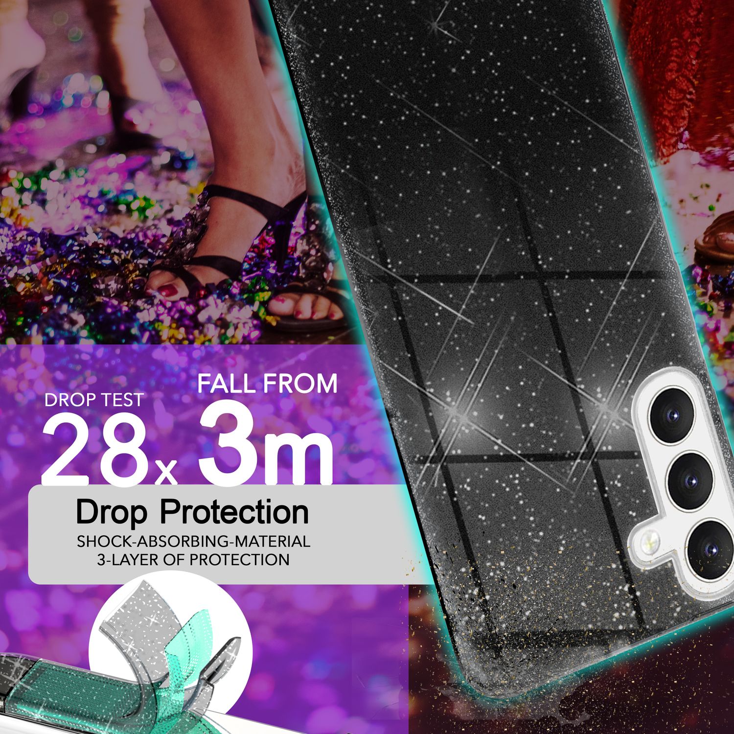 NALIA Hybrid Glitzerhülle für Samsung Galaxy S24 Hülle, Glänzende Glamour Glitzer Schutzhülle mit verstärktem Silikon Schwarz NALIA Protective Hülle