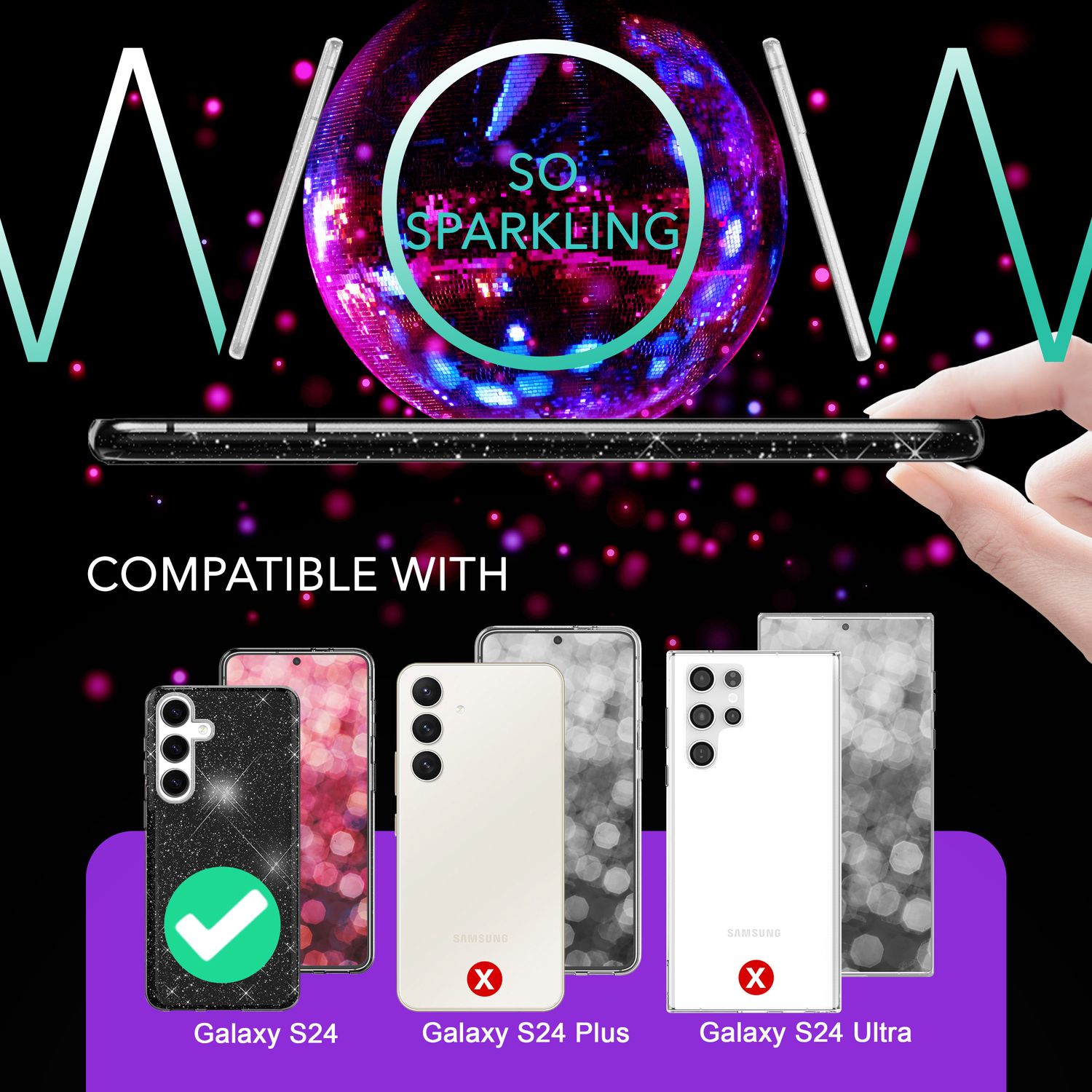 NALIA Hybrid Glitzerhülle für Samsung Galaxy S24 Hülle, Glänzende Glamour Glitzer Schutzhülle mit verstärktem Silikon Schwarz NALIA Protective Hülle