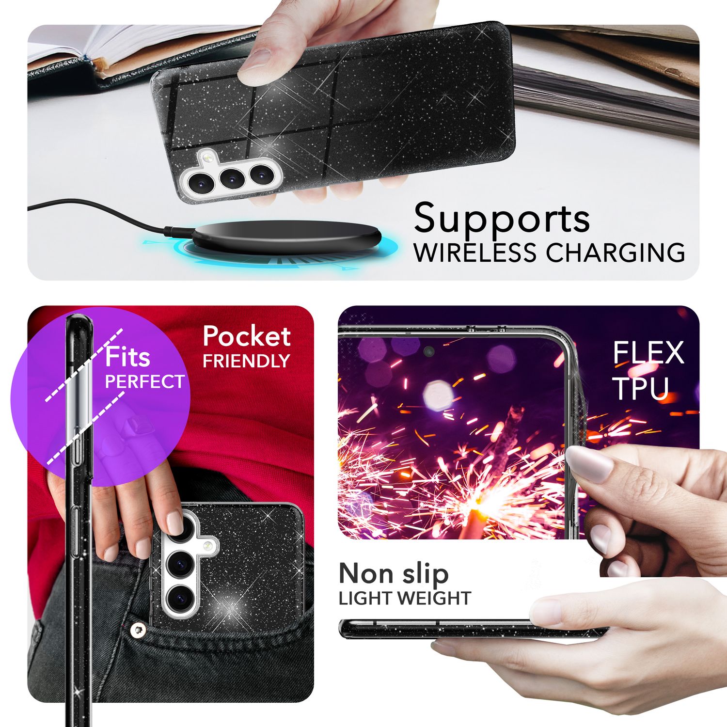 NALIA Hybrid Glitzerhülle für Samsung Galaxy S24 Hülle, Glänzende Glamour Glitzer Schutzhülle mit verstärktem Silikon Schwarz NALIA Protective Hülle