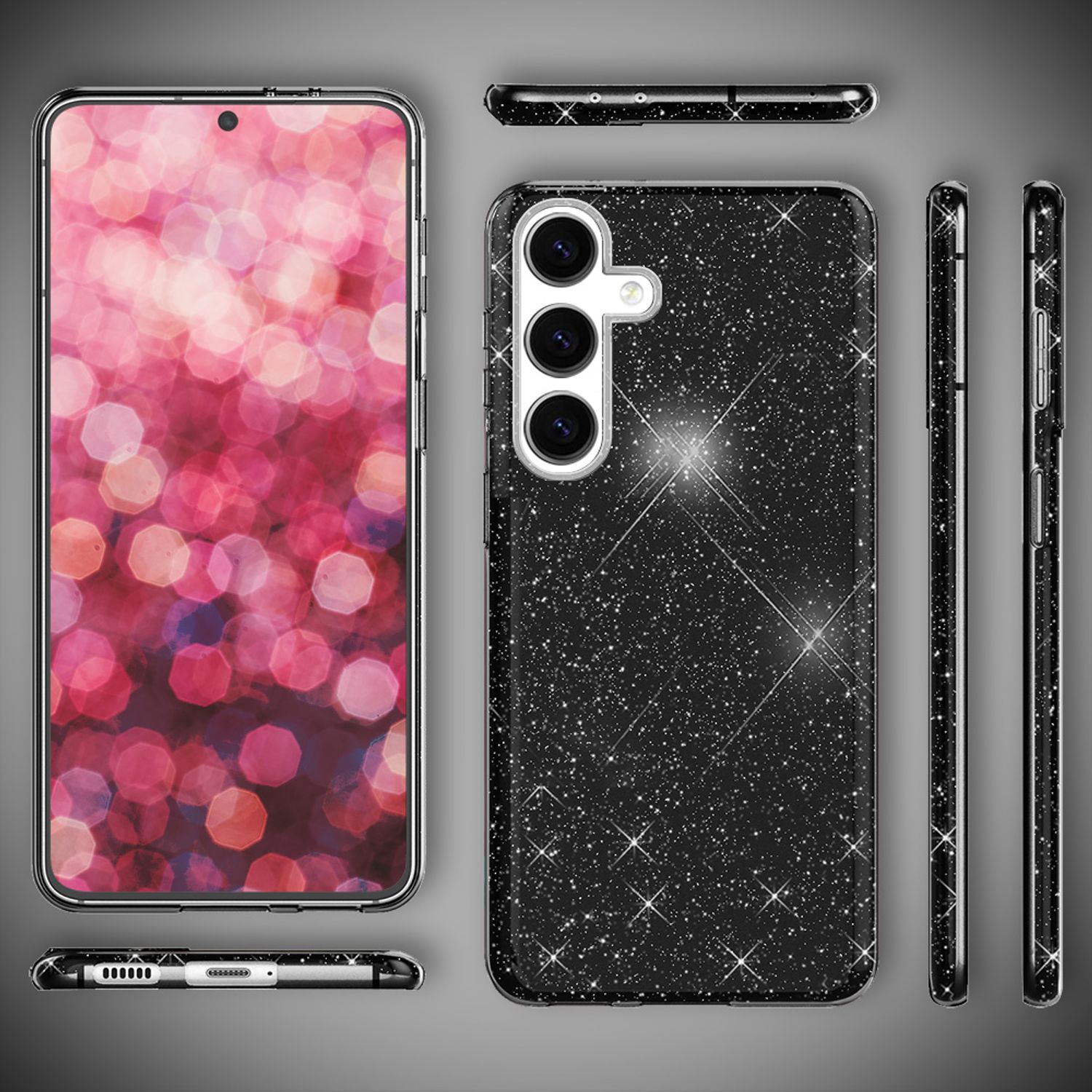 NALIA Hybrid Glitzerhülle für Samsung Galaxy S24 Hülle, Glänzende Glamour Glitzer Schutzhülle mit verstärktem Silikon Schwarz NALIA Protective Hülle