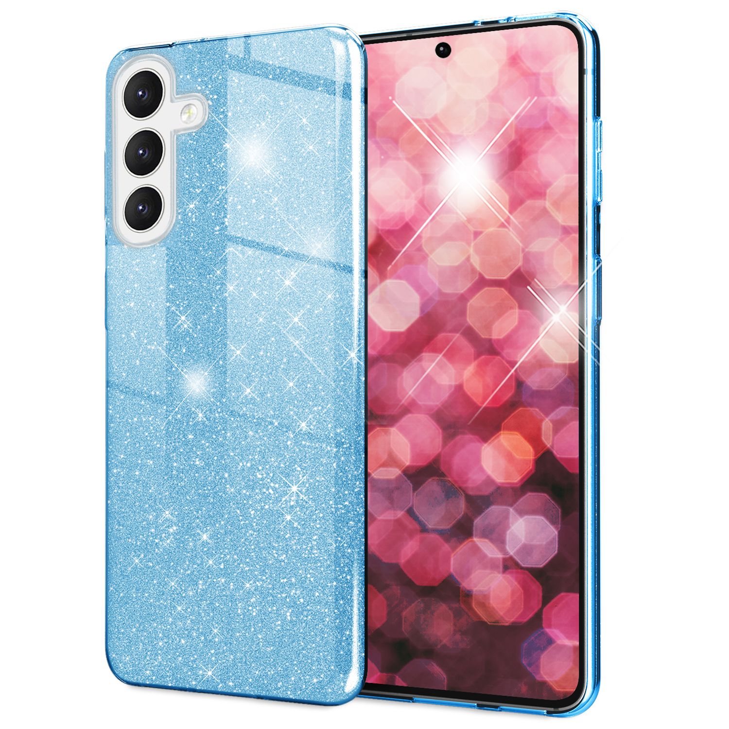 NALIA Hybrid Glitzerhülle für Samsung Galaxy S24 Hülle, Glänzende Glamour Glitzer Schutzhülle mit verstärktem Silikon Blau NALIA Protective Hülle