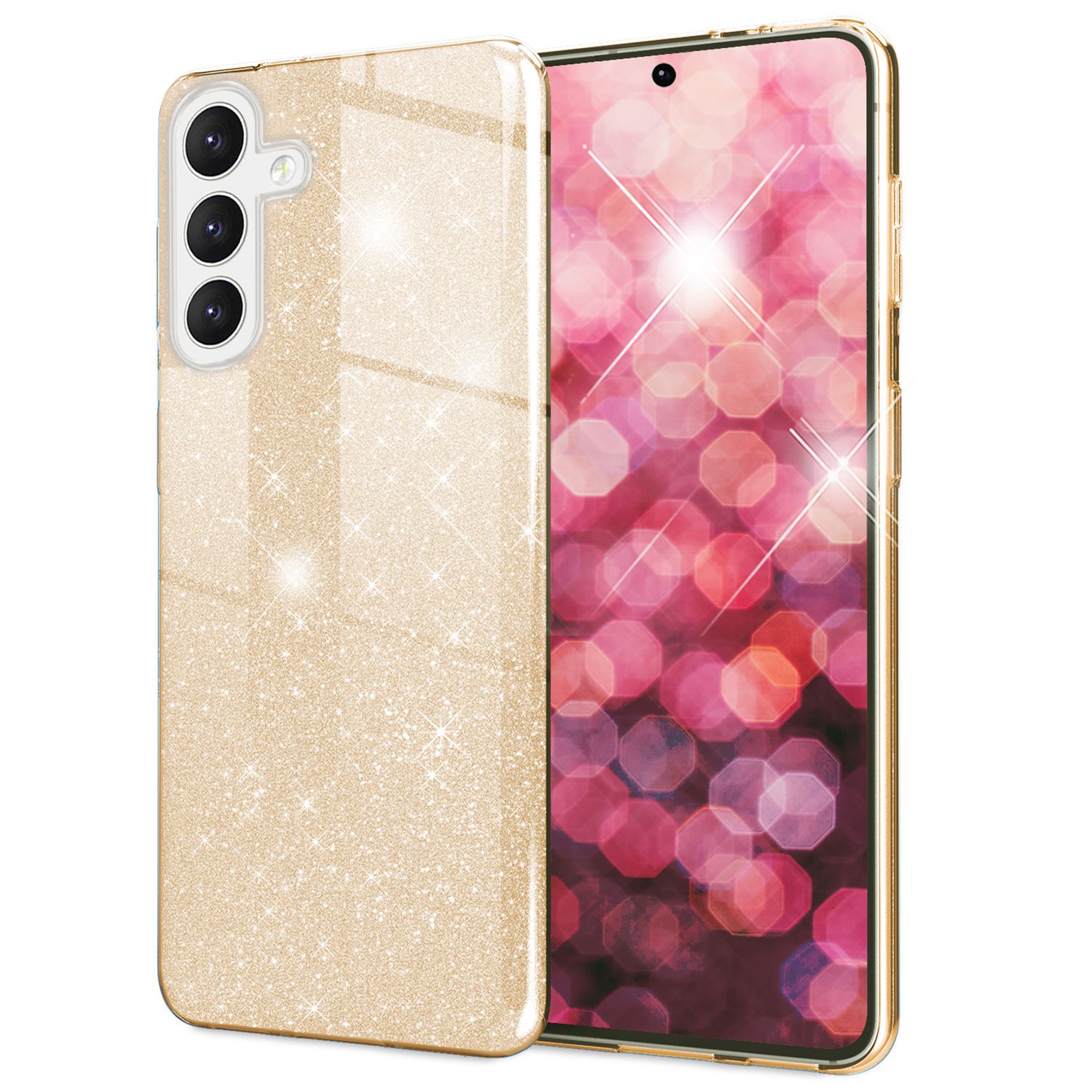 NALIA Hybrid Glitzerhülle für Samsung Galaxy S24 Hülle, Glänzende Glamour Glitzer Schutzhülle mit verstärktem Silikon Gold NALIA Protective Hülle