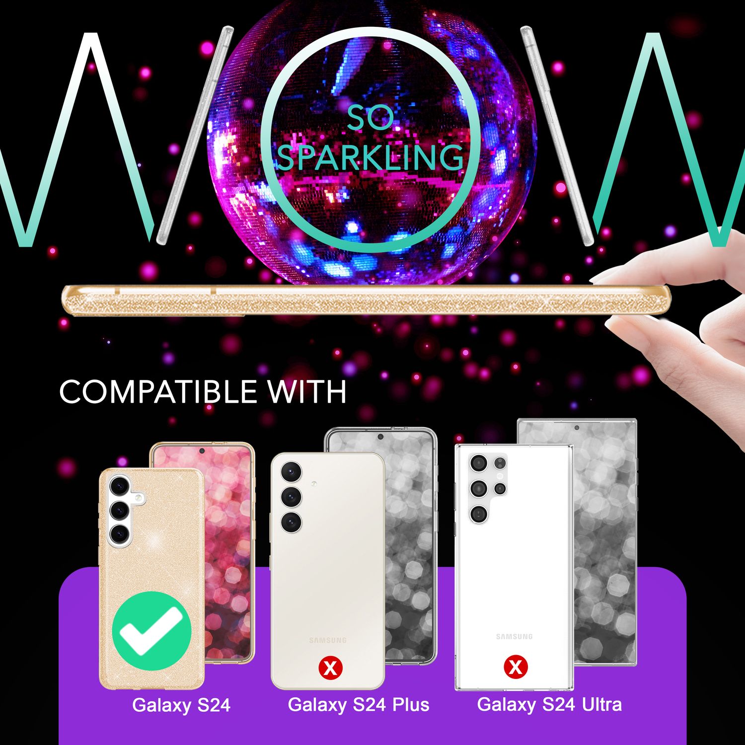 NALIA Hybrid Glitzerhülle für Samsung Galaxy S24 Hülle, Glänzende Glamour Glitzer Schutzhülle mit verstärktem Silikon Gold NALIA Protective Hülle