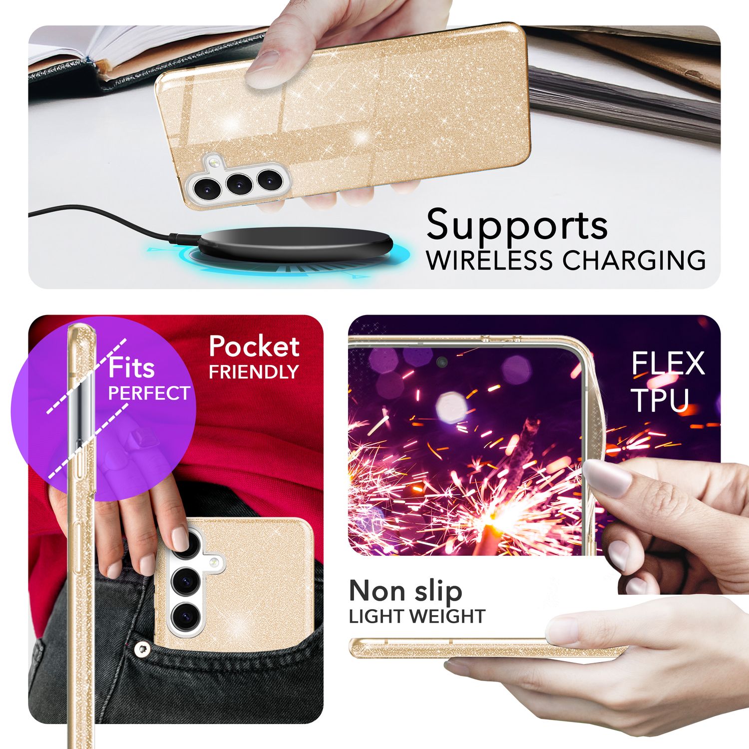 NALIA Hybrid Glitzerhülle für Samsung Galaxy S24 Hülle, Glänzende Glamour Glitzer Schutzhülle mit verstärktem Silikon Gold NALIA Protective Hülle