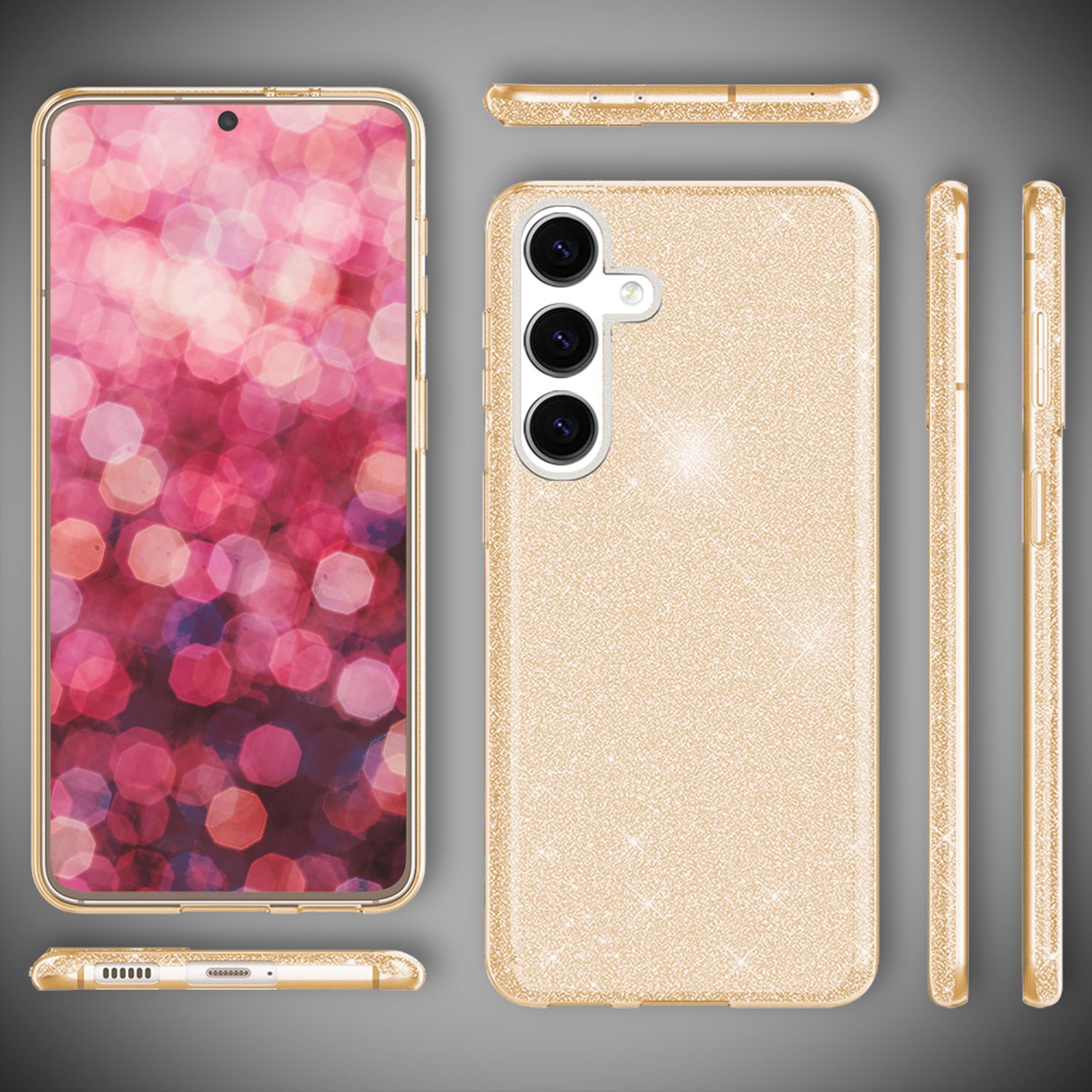 NALIA Hybrid Glitzerhülle für Samsung Galaxy S24 Hülle, Glänzende Glamour Glitzer Schutzhülle mit verstärktem Silikon Gold NALIA Protective Hülle