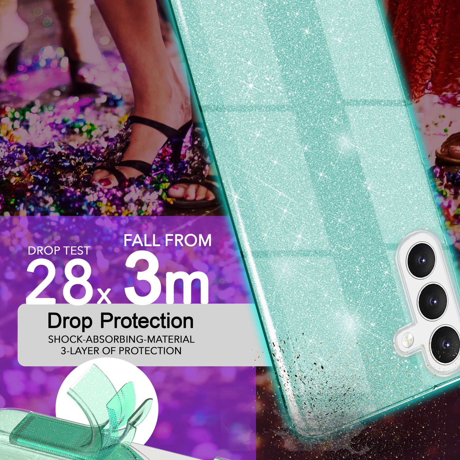 NALIA Hybrid Glitzerhülle für Samsung Galaxy S24 Hülle, Glänzende Glamour Glitzer Schutzhülle mit verstärktem Silikon Mint-Grün NALIA Protective Hülle