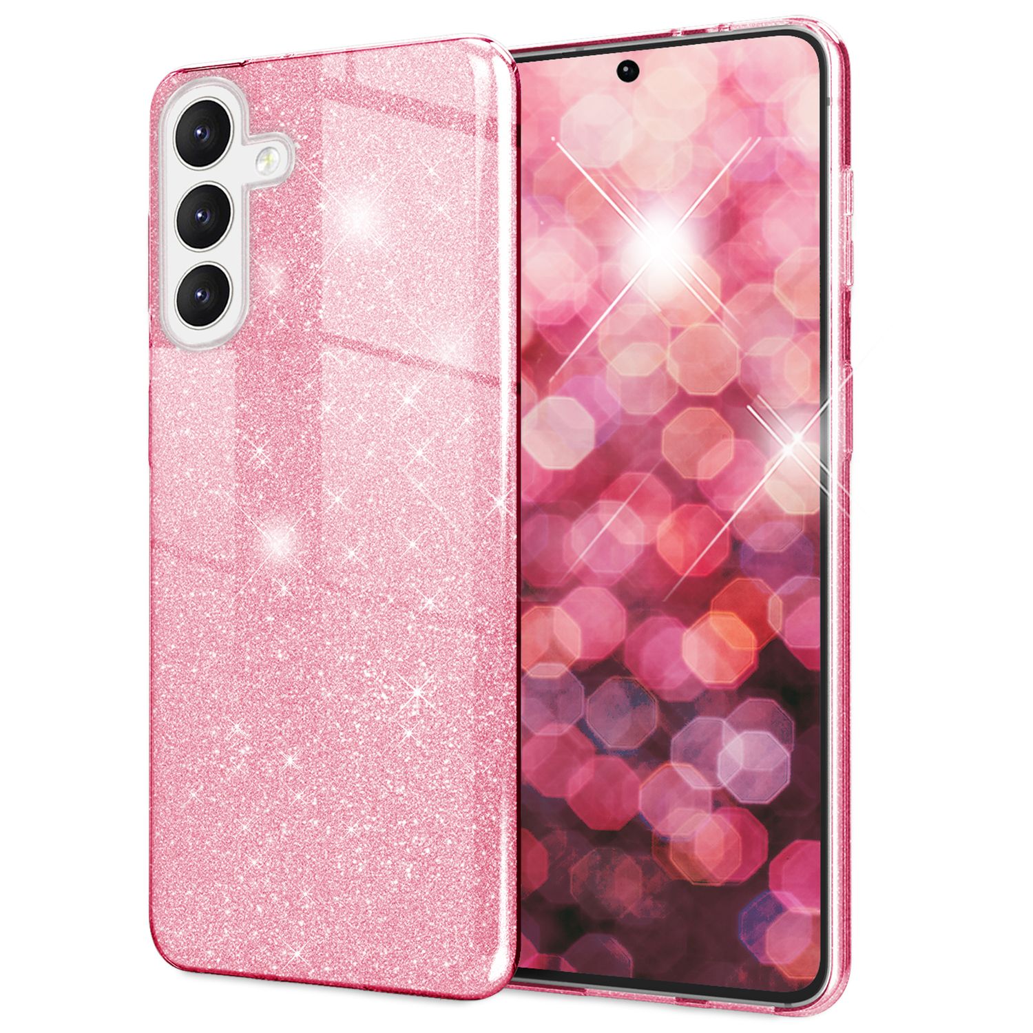 NALIA Hybrid Glitzerhülle für Samsung Galaxy S24 Hülle, Glänzende Glamour Glitzer Schutzhülle mit verstärktem Silikon Pink NALIA Protective Hülle