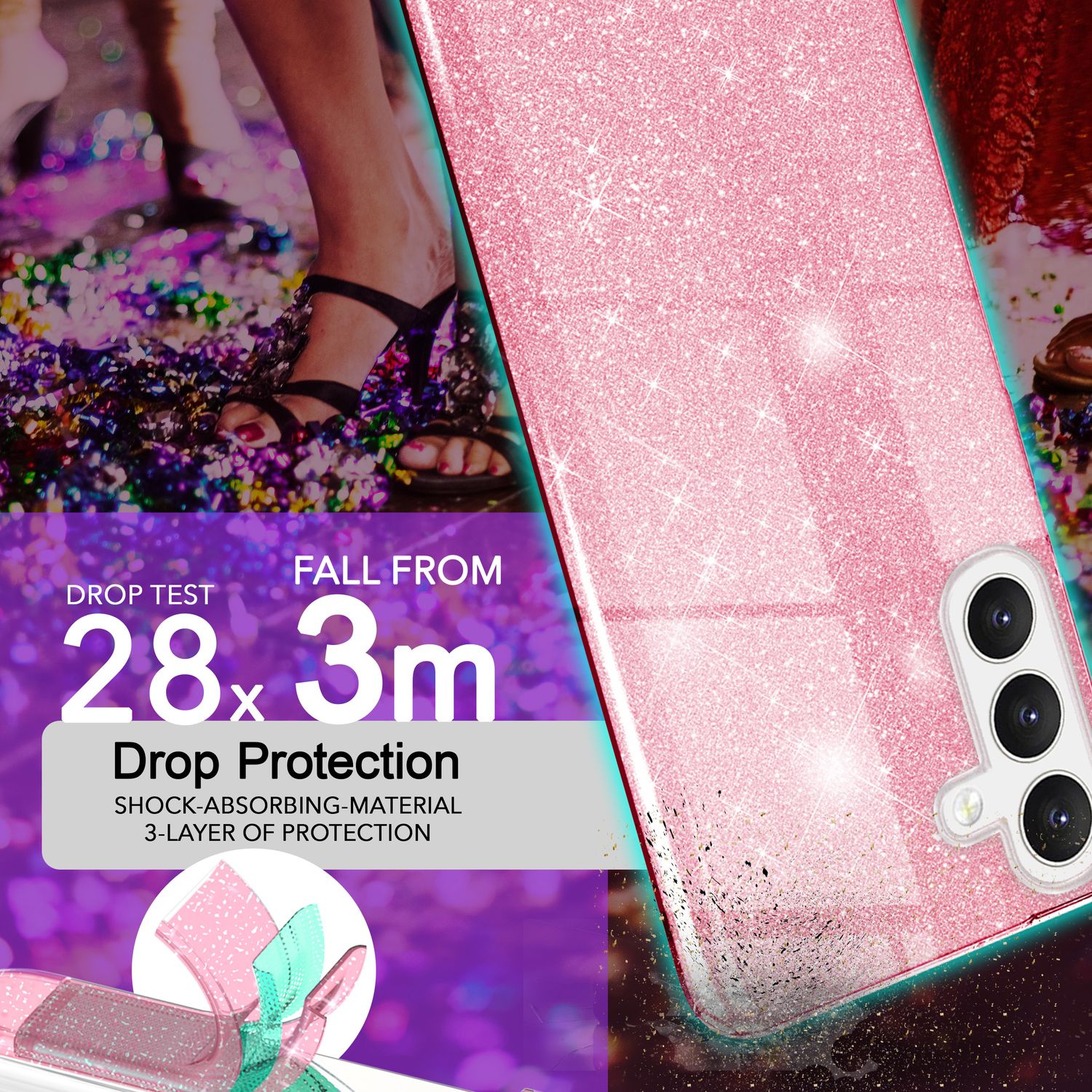 NALIA Hybrid Glitzerhülle für Samsung Galaxy S24 Hülle, Glänzende Glamour Glitzer Schutzhülle mit verstärktem Silikon Pink NALIA Protective Hülle