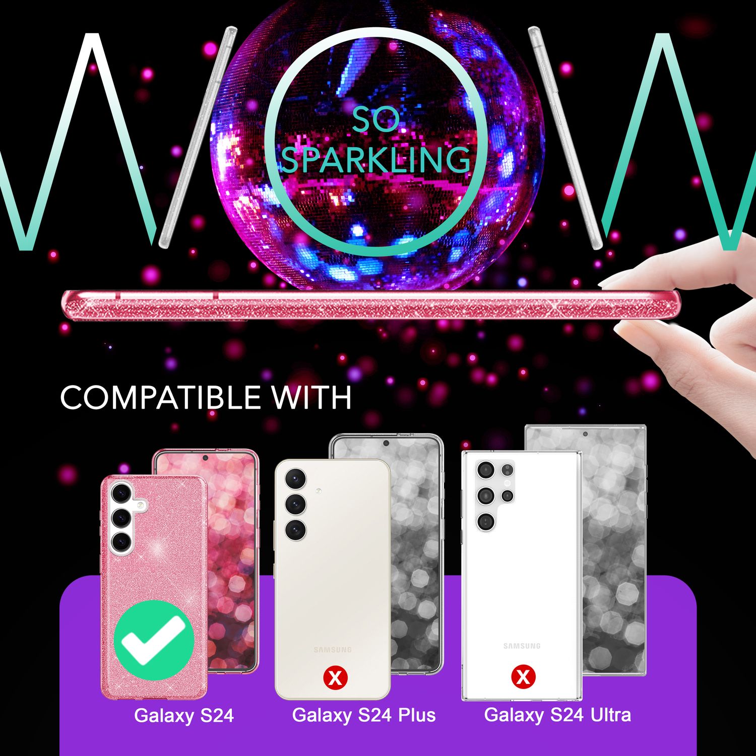 NALIA Hybrid Glitzerhülle für Samsung Galaxy S24 Hülle, Glänzende Glamour Glitzer Schutzhülle mit verstärktem Silikon Pink NALIA Protective Hülle