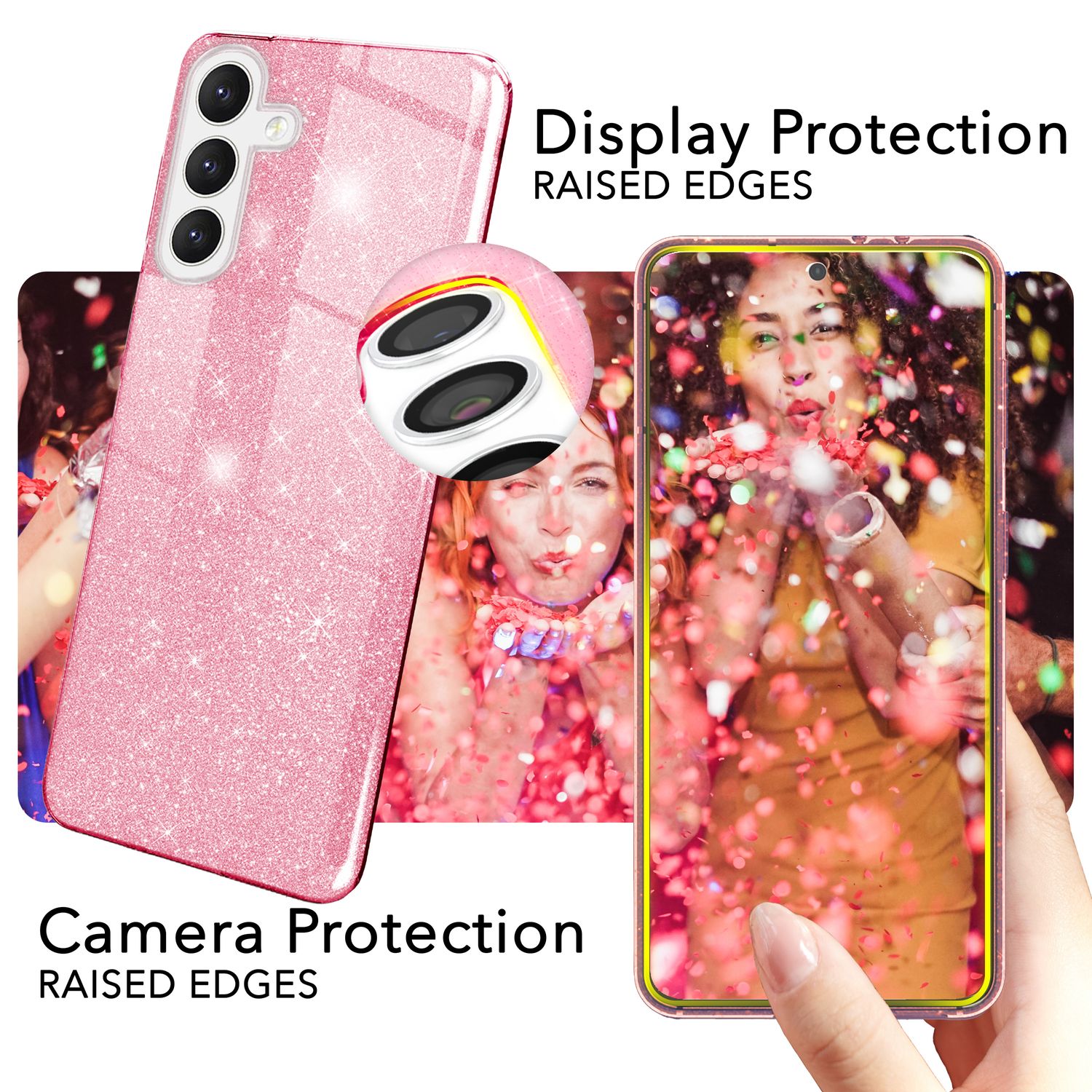 NALIA Hybrid Glitzerhülle für Samsung Galaxy S24 Hülle, Glänzende Glamour Glitzer Schutzhülle mit verstärktem Silikon Pink NALIA Protective Hülle