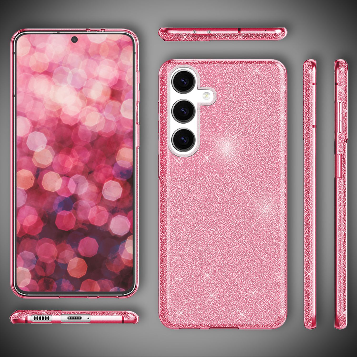 NALIA Hybrid Glitzerhülle für Samsung Galaxy S24 Hülle, Glänzende Glamour Glitzer Schutzhülle mit verstärktem Silikon Pink NALIA Protective Hülle