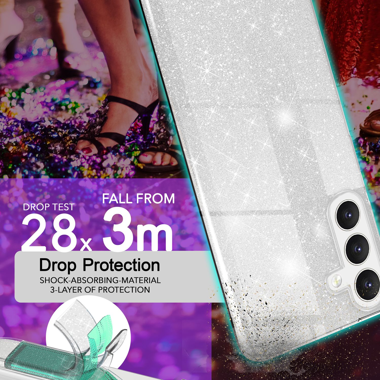 NALIA Hybrid Glitzerhülle für Samsung Galaxy S24 Hülle, Glänzende Glamour Glitzer Schutzhülle mit verstärktem Silikon Silber NALIA Protective Hülle