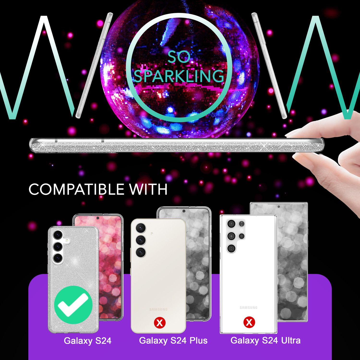 NALIA Hybrid Glitzerhülle für Samsung Galaxy S24 Hülle, Glänzende Glamour Glitzer Schutzhülle mit verstärktem Silikon Silber NALIA Protective Hülle