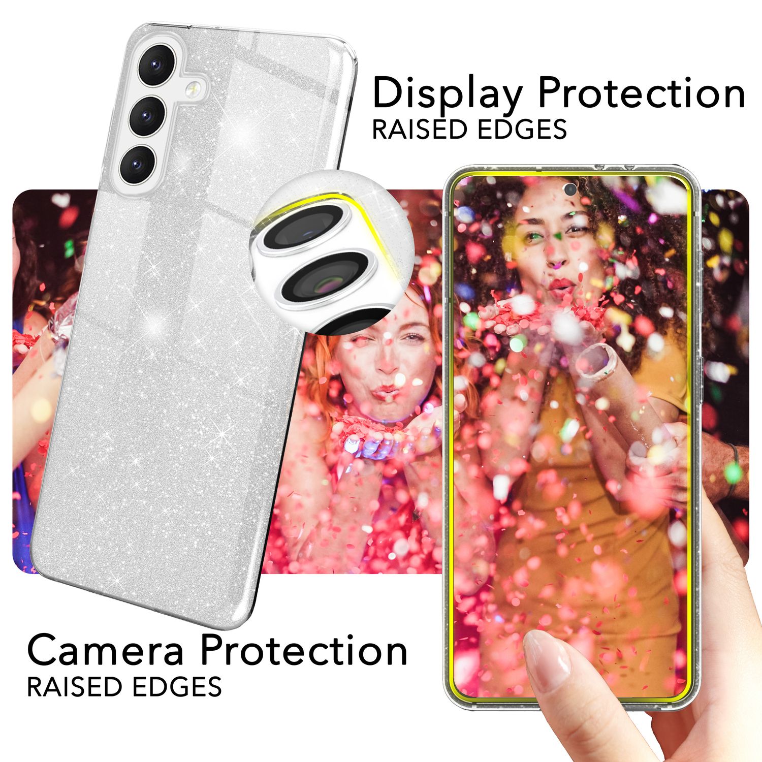 NALIA Hybrid Glitzerhülle für Samsung Galaxy S24 Hülle, Glänzende Glamour Glitzer Schutzhülle mit verstärktem Silikon Silber NALIA Protective Hülle