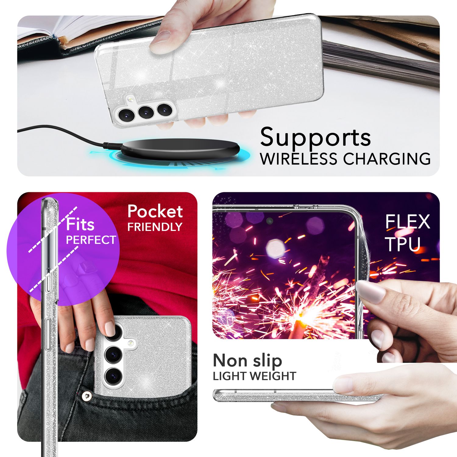 NALIA Hybrid Glitzerhülle für Samsung Galaxy S24 Hülle, Glänzende Glamour Glitzer Schutzhülle mit verstärktem Silikon Silber NALIA Protective Hülle