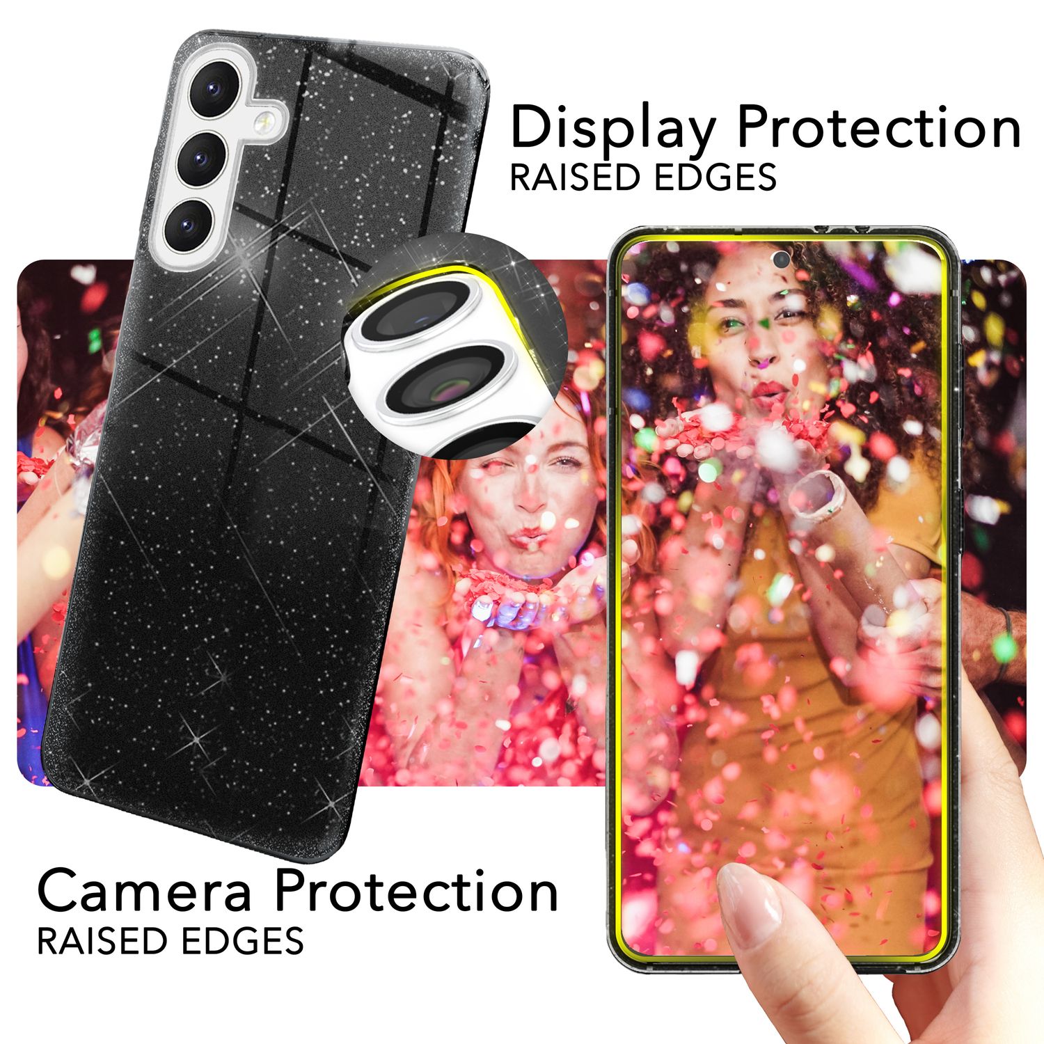 NALIA Hybrid Glitzerhülle für Samsung Galaxy S24 Plus Hülle, Glänzende Glitzer Schutzhülle mit verstärktem Silikon Schwarz NALIA Protective Hülle