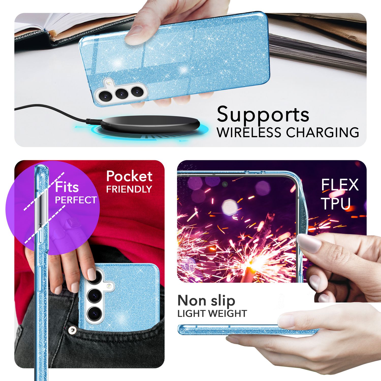 NALIA Hybrid Glitzerhülle für Samsung Galaxy S24 Plus Hülle, Glänzende Glitzer Schutzhülle mit verstärktem Silikon Blau NALIA Protective Hülle