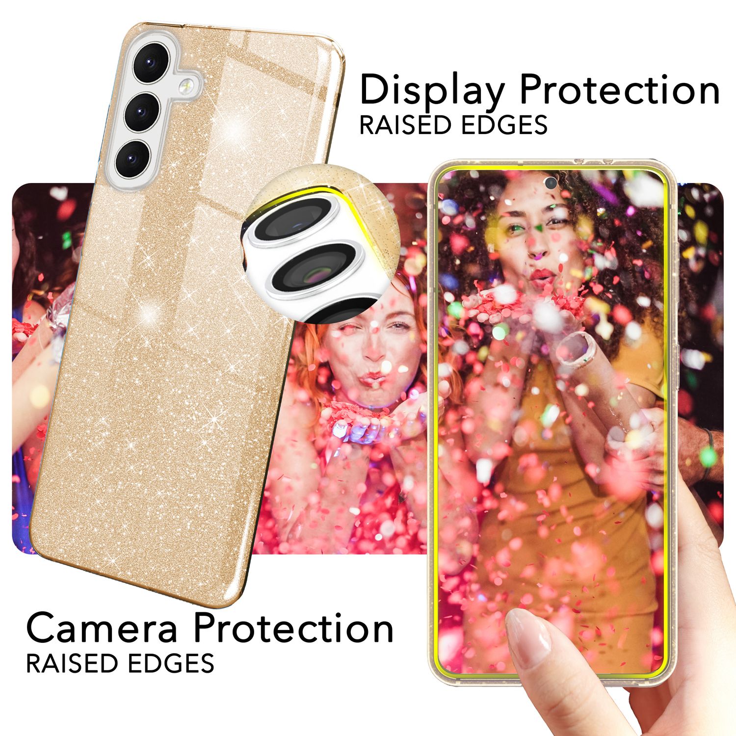 NALIA Hybrid Glitzerhülle für Samsung Galaxy S24 Plus Hülle, Glänzende Glitzer Schutzhülle mit verstärktem Silikon Gold NALIA Protective Hülle