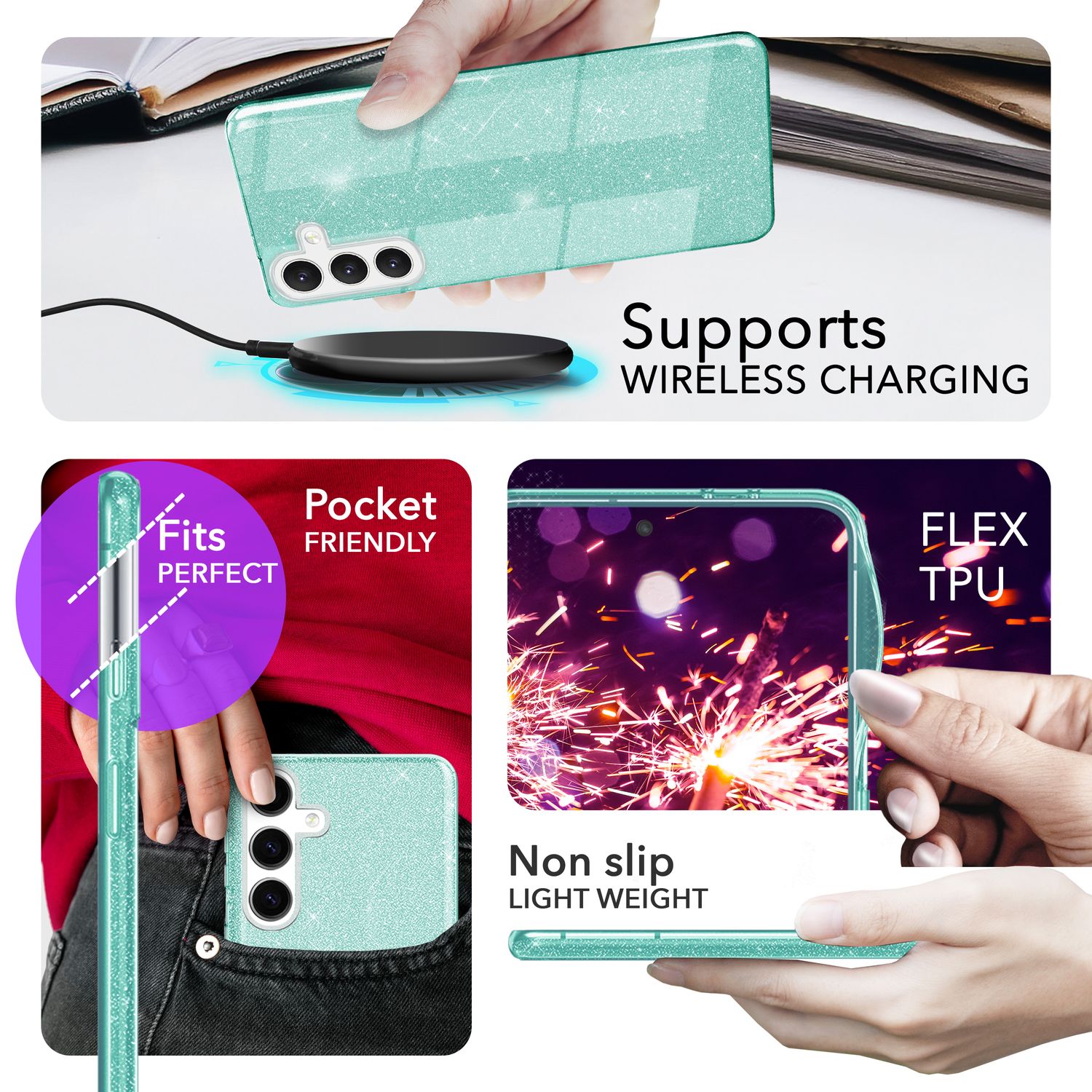 NALIA Hybrid Glitzerhülle für Samsung Galaxy S24 Plus Hülle, Glänzende Glitzer Schutzhülle mit verstärktem Silikon Mint-Grün NALIA Protective Hülle