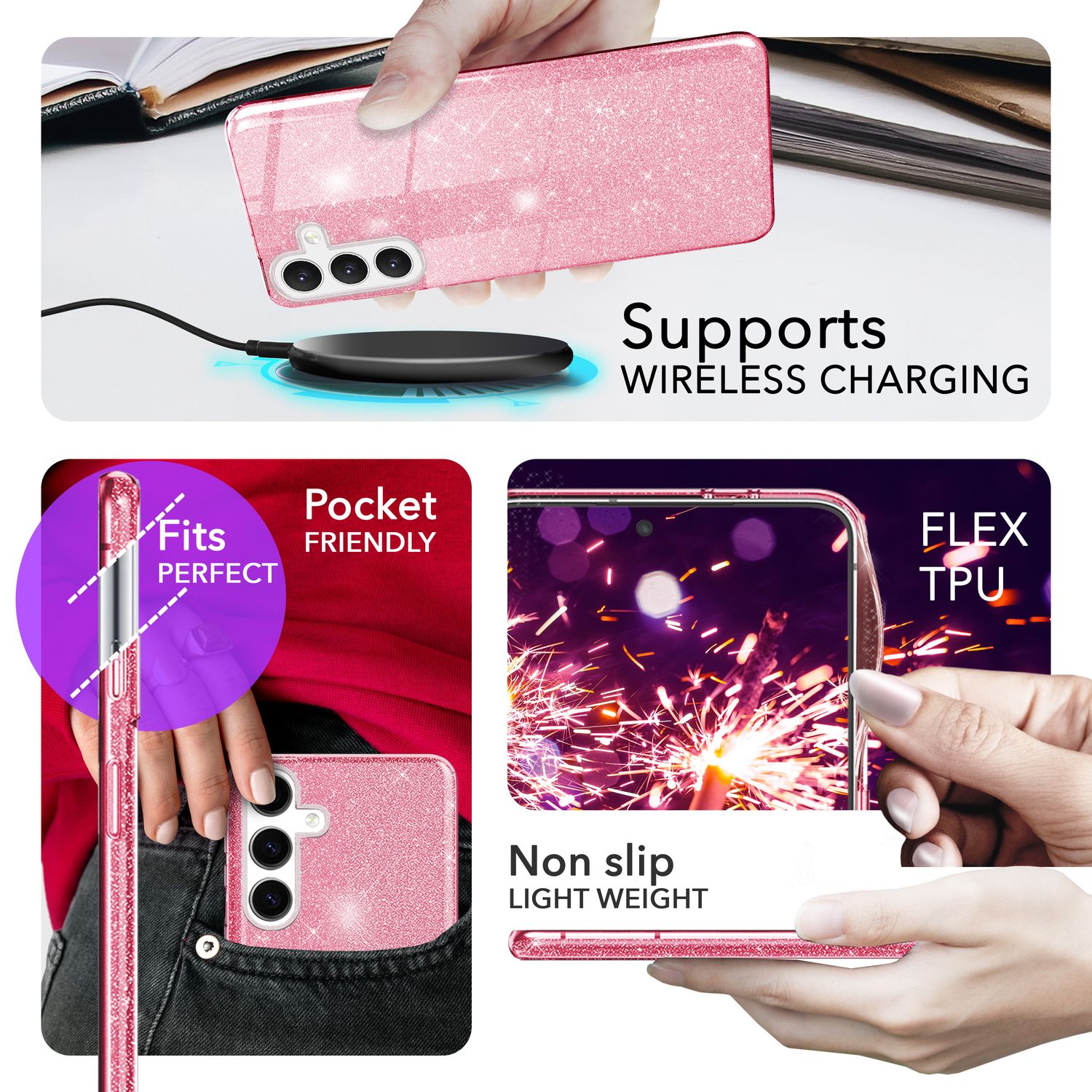 NALIA Hybrid Glitzerhülle für Samsung Galaxy S24 Plus Hülle, Glänzende Glitzer Schutzhülle mit verstärktem Silikon Pink NALIA Protective Hülle