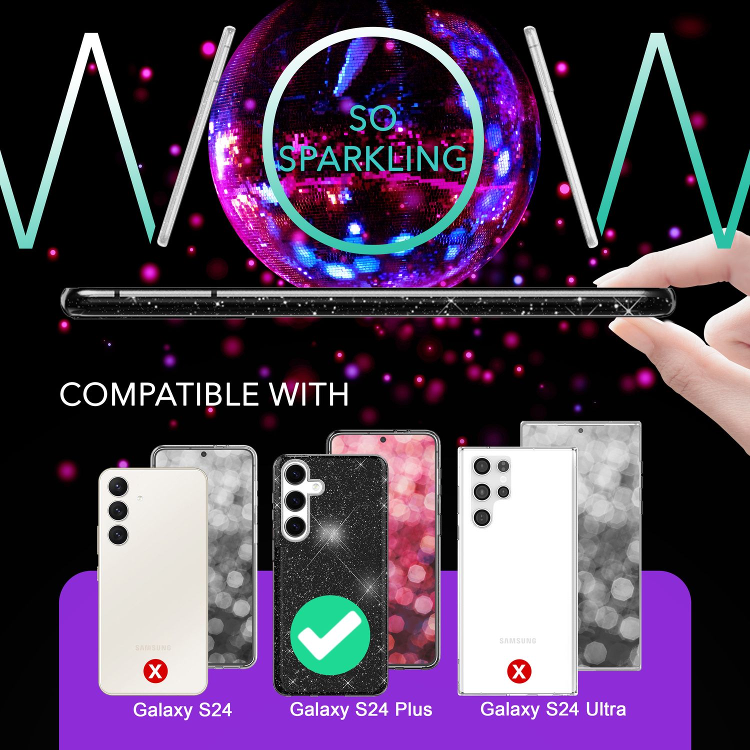 NALIA Hybrid Glitzerhülle für Samsung Galaxy S24 Plus Hülle, Glänzende Glitzer Schutzhülle mit verstärktem Silikon Schwarz NALIA Protective Hülle