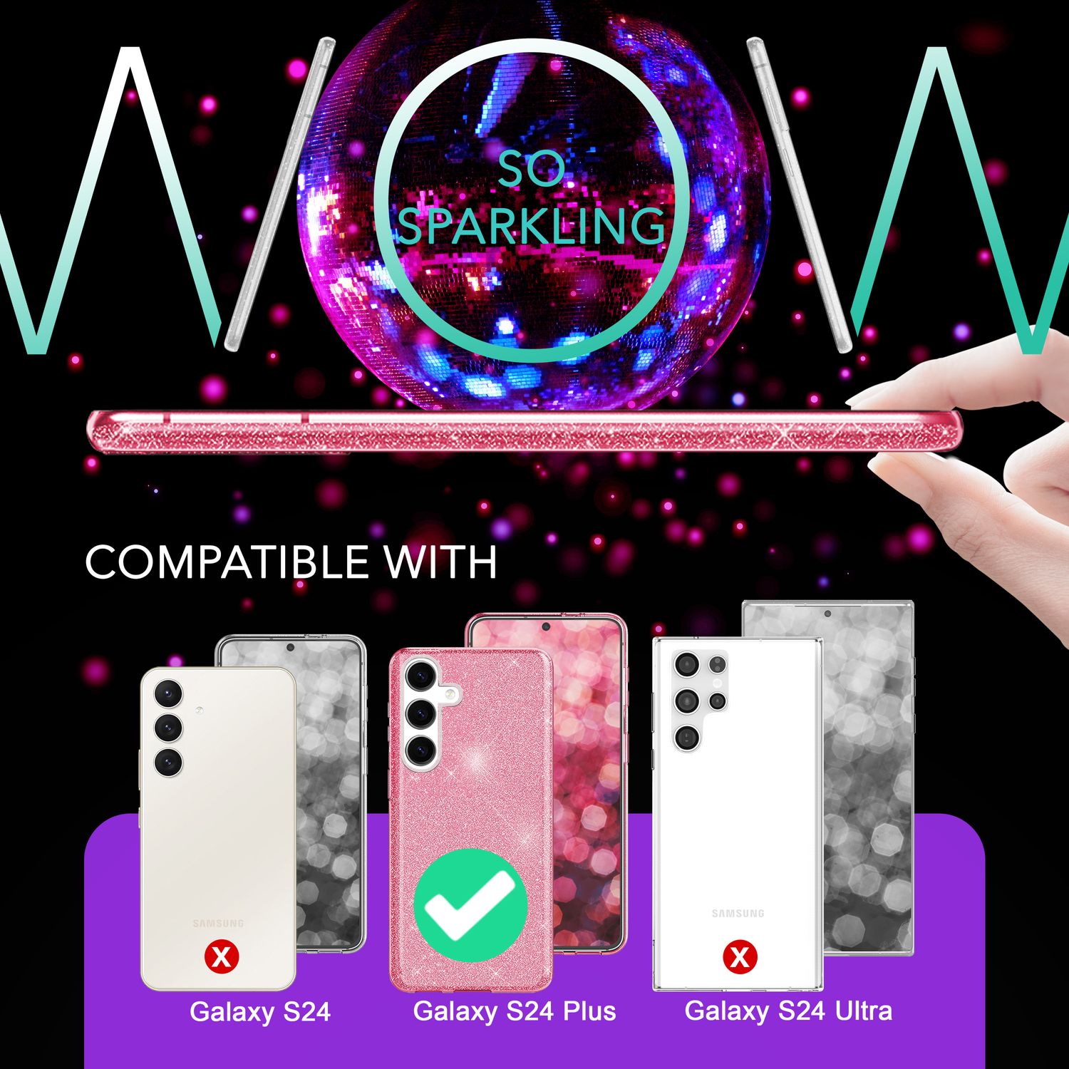 NALIA Hybrid Glitzerhülle für Samsung Galaxy S24 Plus Hülle, Glänzende Glitzer Schutzhülle mit verstärktem Silikon Pink NALIA Protective Hülle