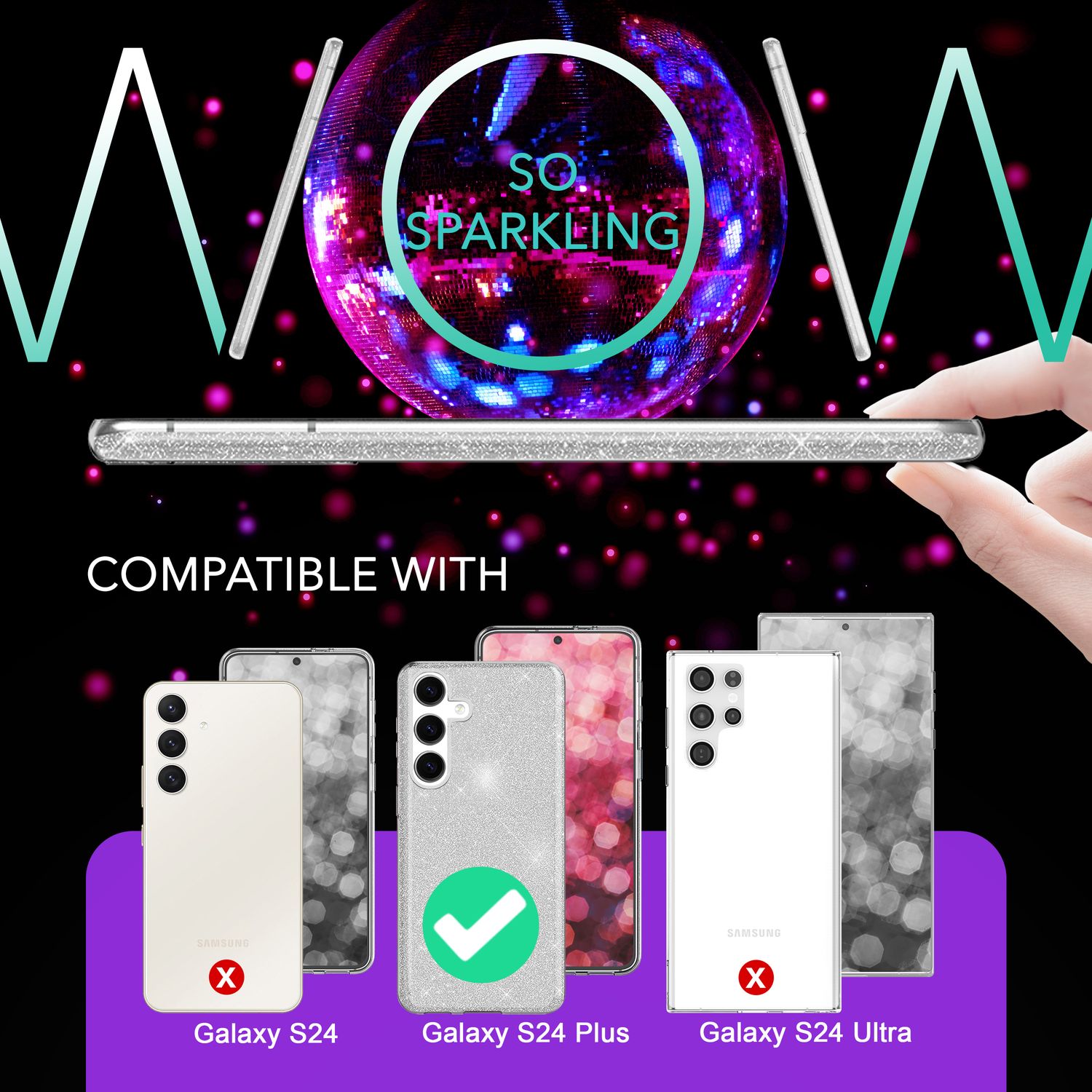 NALIA Hybrid Glitzerhülle für Samsung Galaxy S24 Plus Hülle, Glänzende Glitzer Schutzhülle mit verstärktem Silikon Silber NALIA Protective Hülle