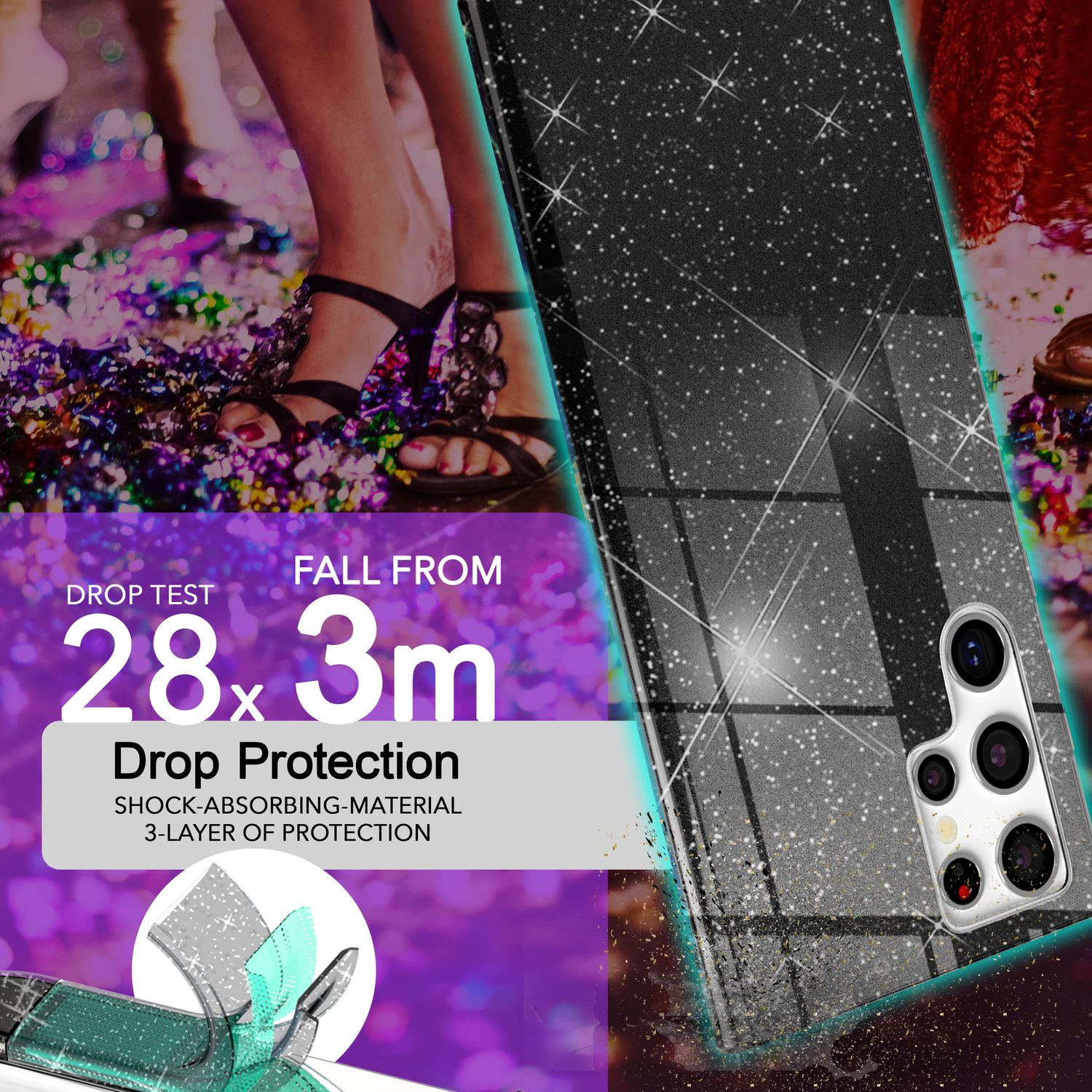 NALIA Hybrid Glitzerhülle für Samsung Galaxy S24 Ultra Hülle, Glänzende Glitzer Schutzhülle mit verstärktem Silikon Schwarz NALIA Protective Hülle