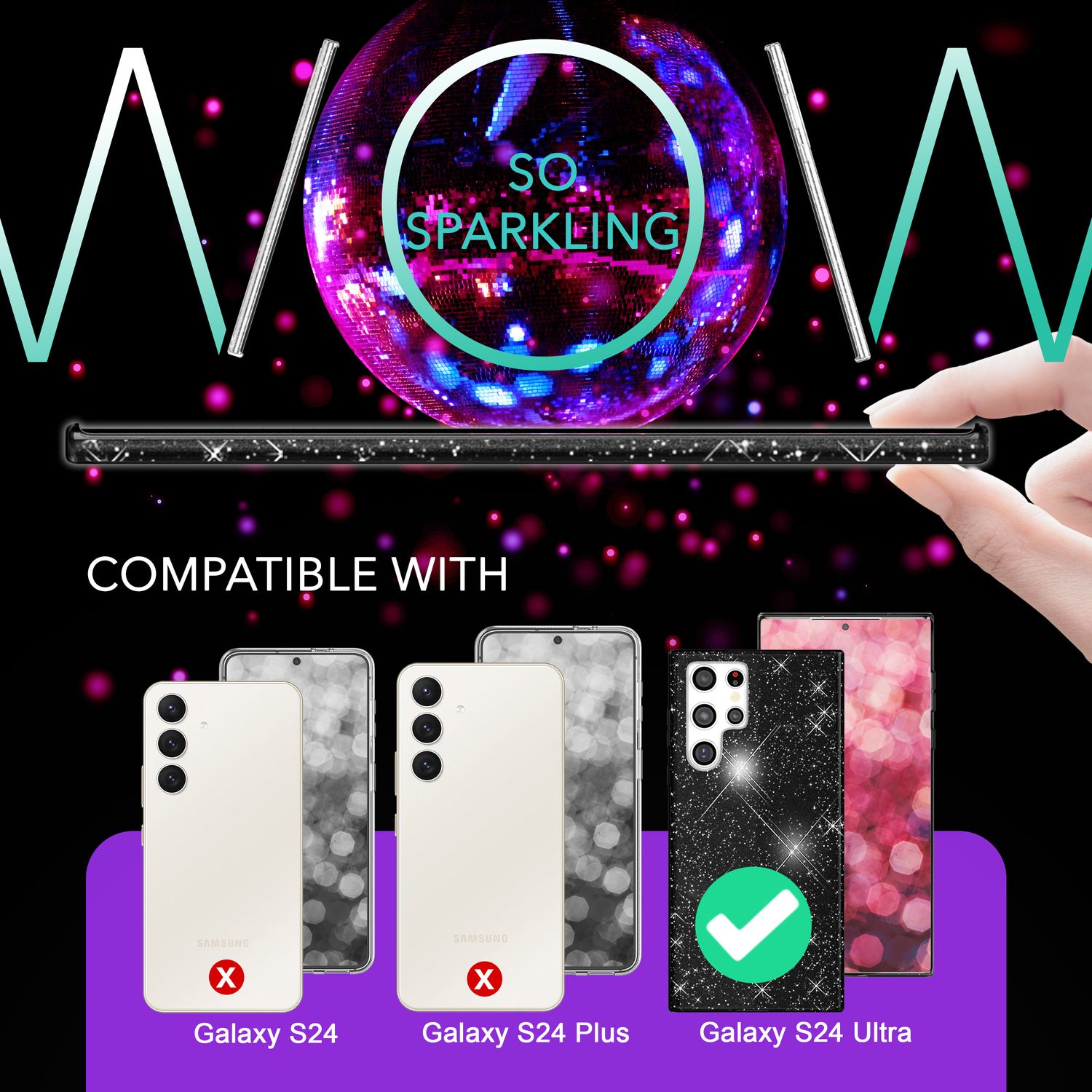 NALIA Hybrid Glitzerhülle für Samsung Galaxy S24 Ultra Hülle, Glänzende Glitzer Schutzhülle mit verstärktem Silikon Schwarz NALIA Protective Hülle